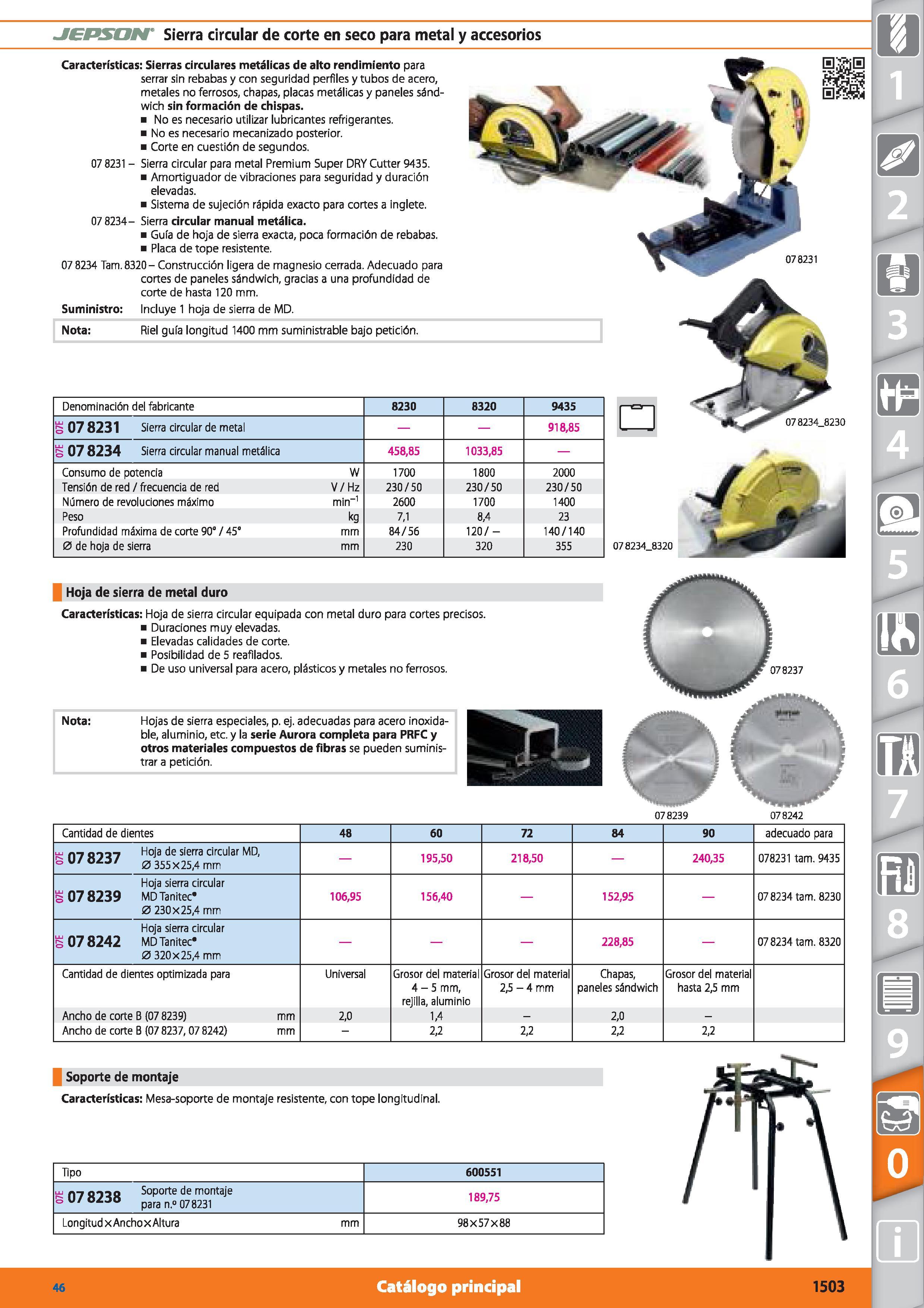 1503 JEPSON Sierra circular de corte en seco para metal y accesorios 078239 078242 Cantidad de dientes 48 60 72 84 90 adecuado para m n-¡ 0937 Hoja de Каталог HOFFMANN GROUP 2015 Инструмент режущий слесарный измерительный абразивный Оборудование Комплексные поставки для промышленных предприятий Стр. 1503 SPA