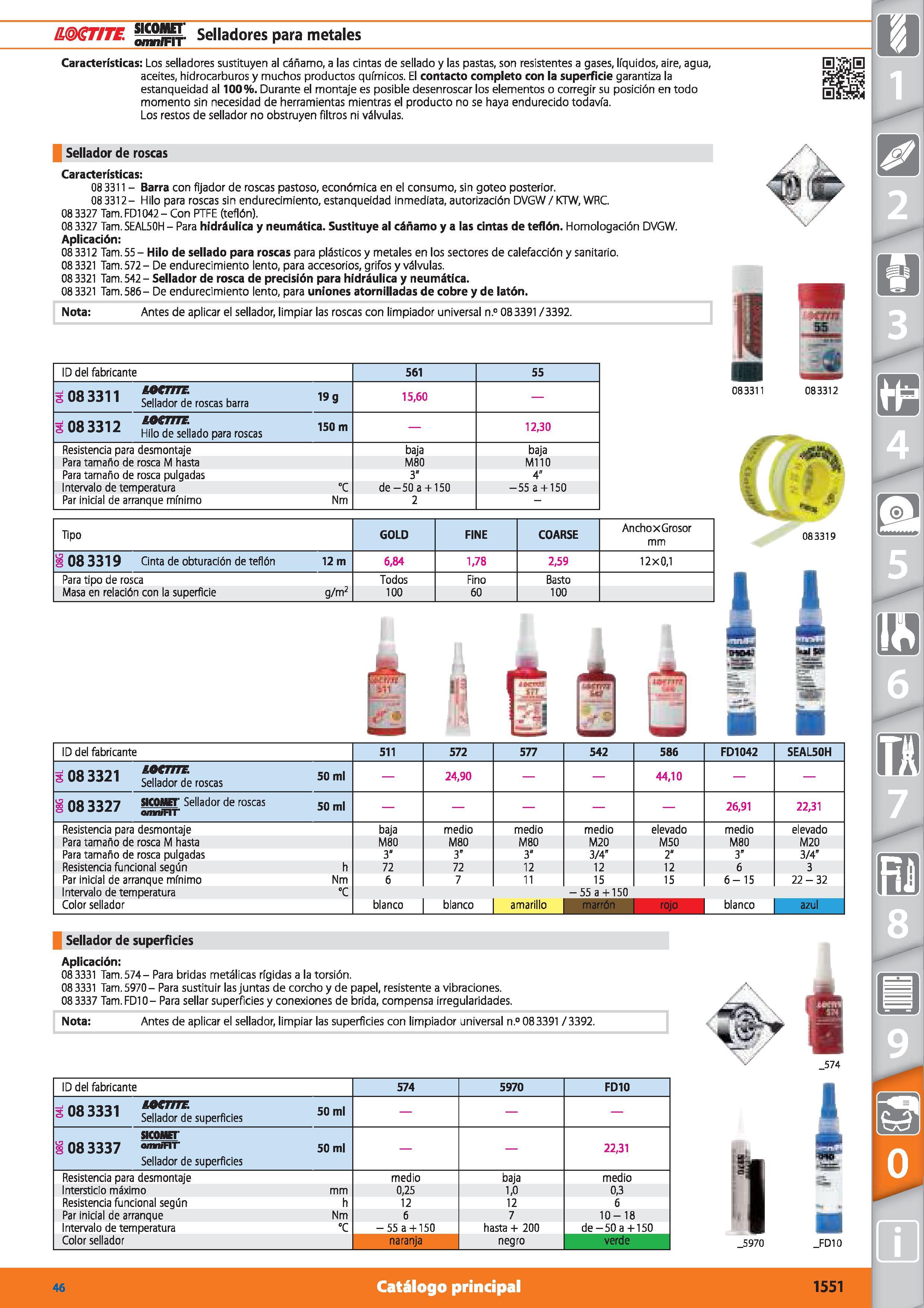 1551 & T/TC Selladores para metales Características: Los selladores sustituyen al cáñamo, a las cintas de sellado y las pastas, son resistentes a gase Каталог HOFFMANN GROUP 2015 Инструмент режущий слесарный измерительный абразивный Оборудование Комплексные поставки для промышленных предприятий Стр. 1551 SPA
