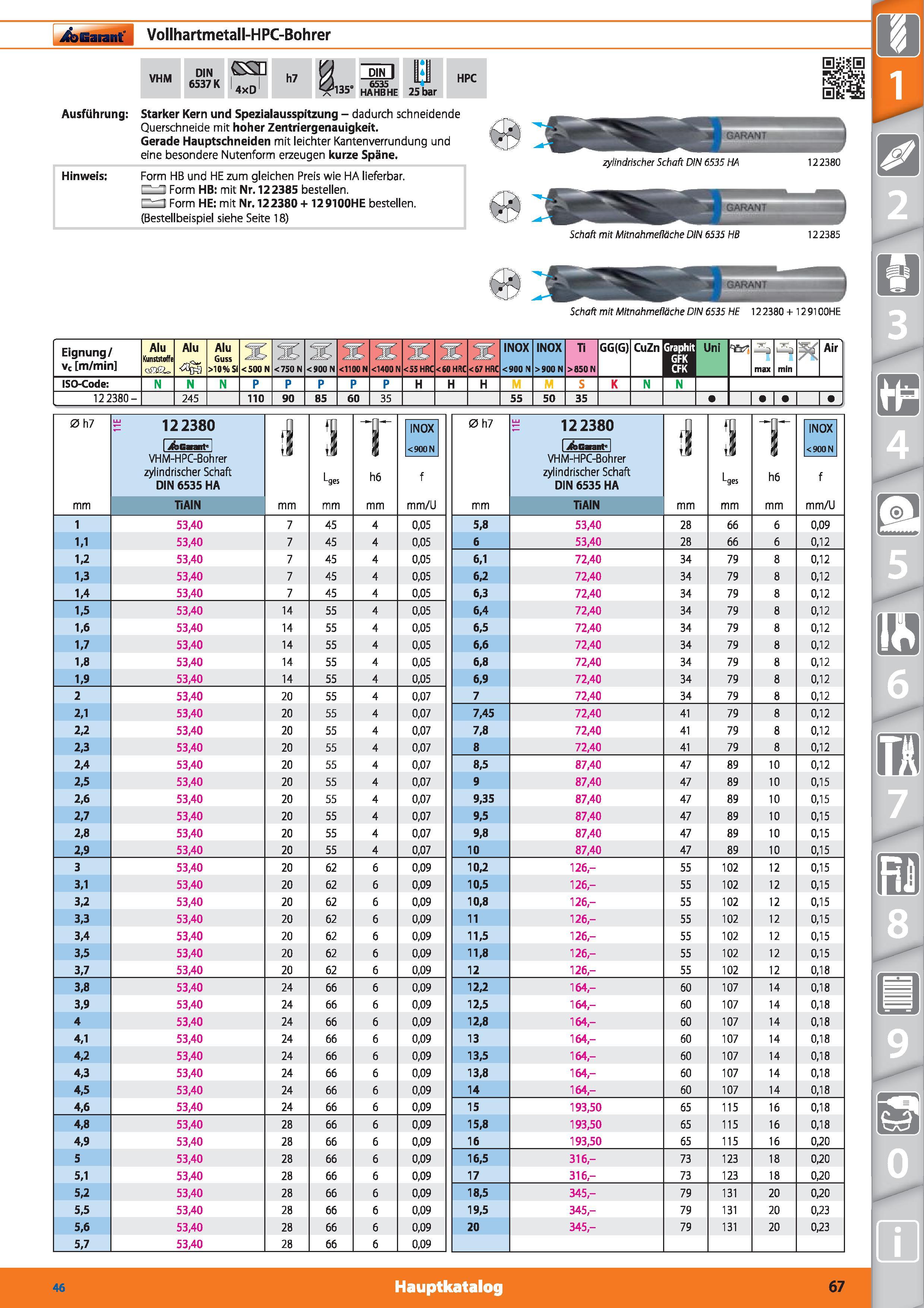 67 Vollhartmetall HPC Bohrer Garant Hoffmann VHM DIN 6537 Starker Kern und Spezialausspitzung - dadurch schneidende Querschneide mit hoher Zent Каталог HOFFMANN GROUP 2015 Инструмент режущий слесарный измерительный абразивный Оборудование Комплексные поставки для промышленных предприятий DEU Стр. 67