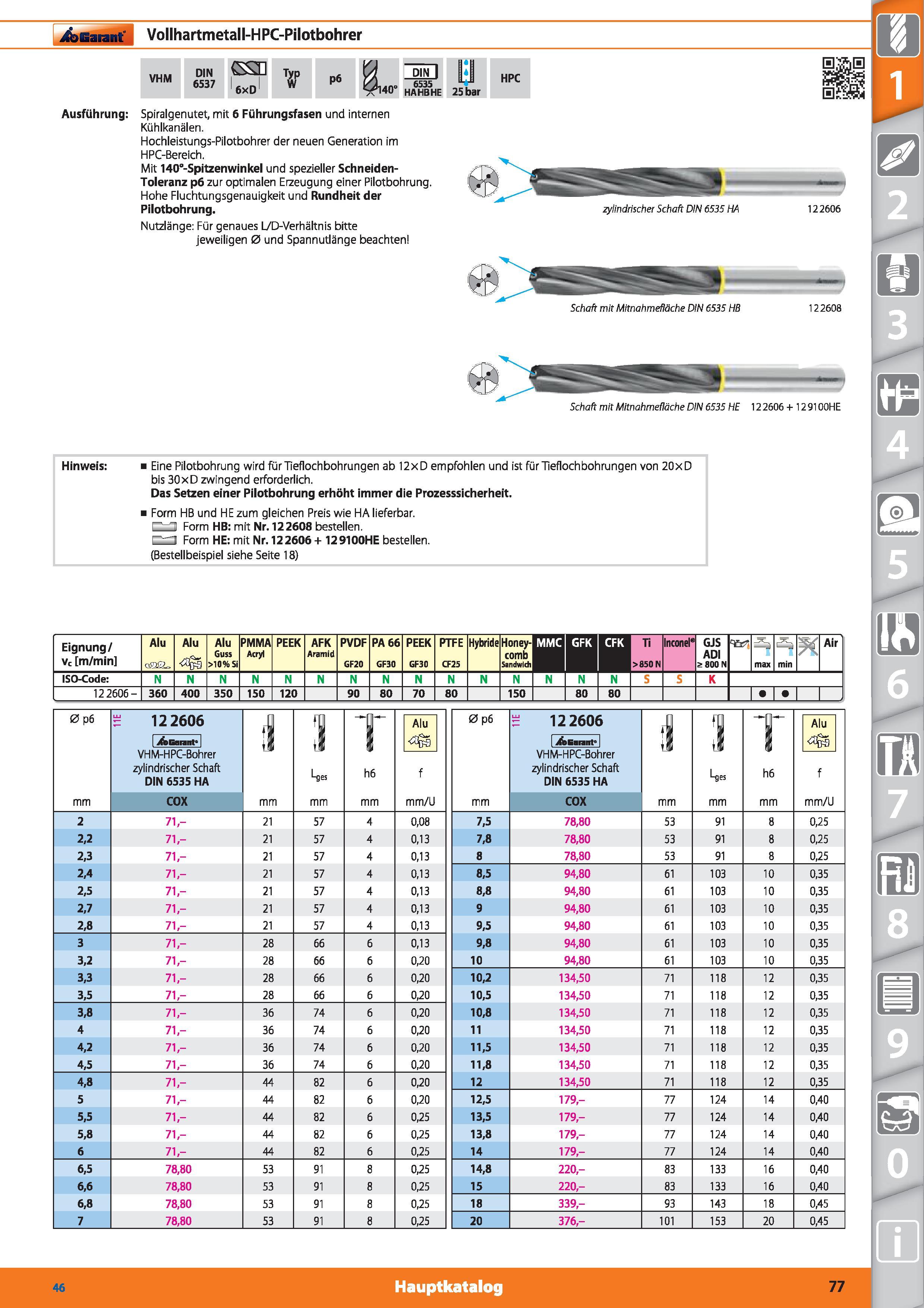 77 Vollhartmetall spiral HPC Pilotbohrer Garant VHM DIN 6537 6xD Spiralgenutet mit 6 Führungsfasen und internen Kühlkanälen Hochleistungs-Pilot Каталог HOFFMANN GROUP 2015 Инструмент режущий слесарный измерительный абразивный Оборудование Комплексные поставки для промышленных предприятий DEU Стр. 77