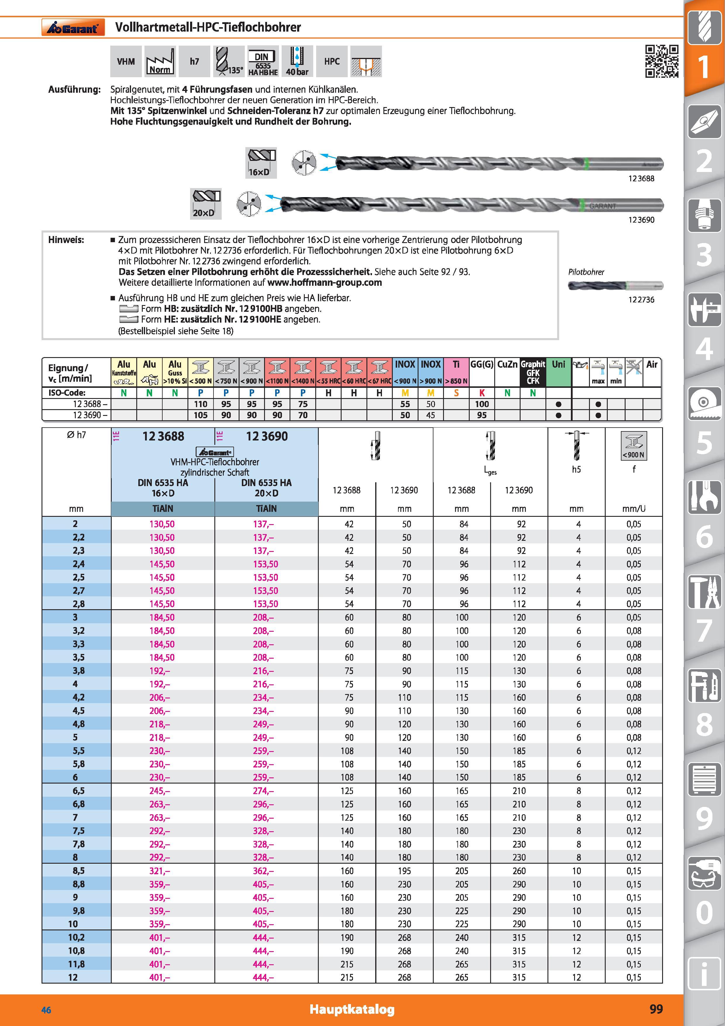 99 Garant Vollhartmetall-HPC-Tieflochbohrer VHM h7 fl 35' DIN I 6535 HAHBHE 40 bar HPC Ausführung Spiralgenutet, mit 4 Führungsfasen und intern Каталог HOFFMANN GROUP 2015 Инструмент режущий слесарный измерительный абразивный Оборудование Комплексные поставки для промышленных предприятий DEU Стр. 99