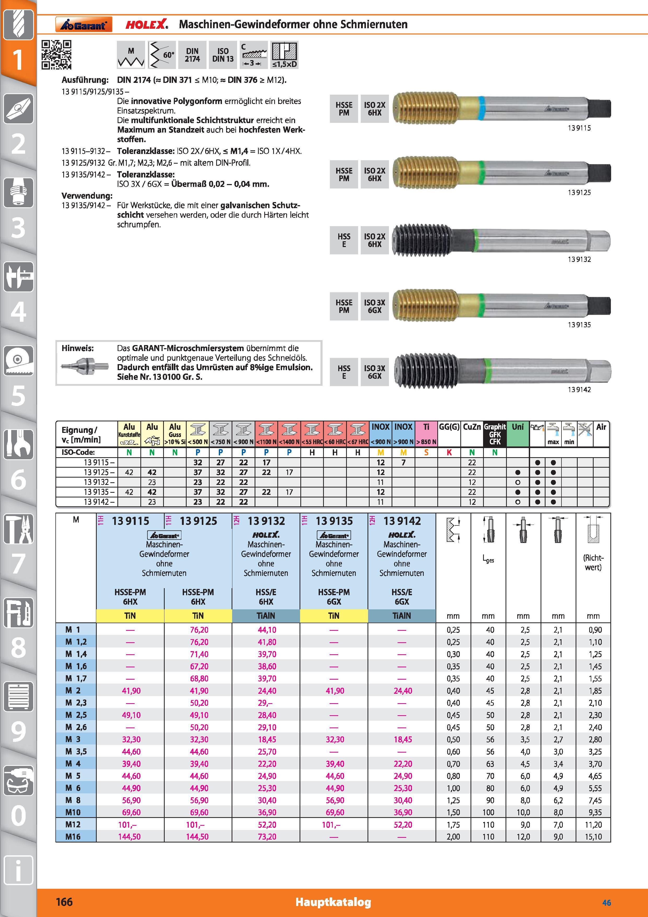 166 Garant HOLEX Maschinen-Gewindeformer ohne Schmiernuten M 60' DIN 2174 ISO DIN 13 C ES m-3-h <1,5xD Ausführung DIN 2174 (= DIN 371 MIO;= DIN Каталог HOFFMANN GROUP 2015 Инструмент режущий слесарный измерительный абразивный Оборудование Комплексные поставки для промышленных предприятий DEU Стр. 166