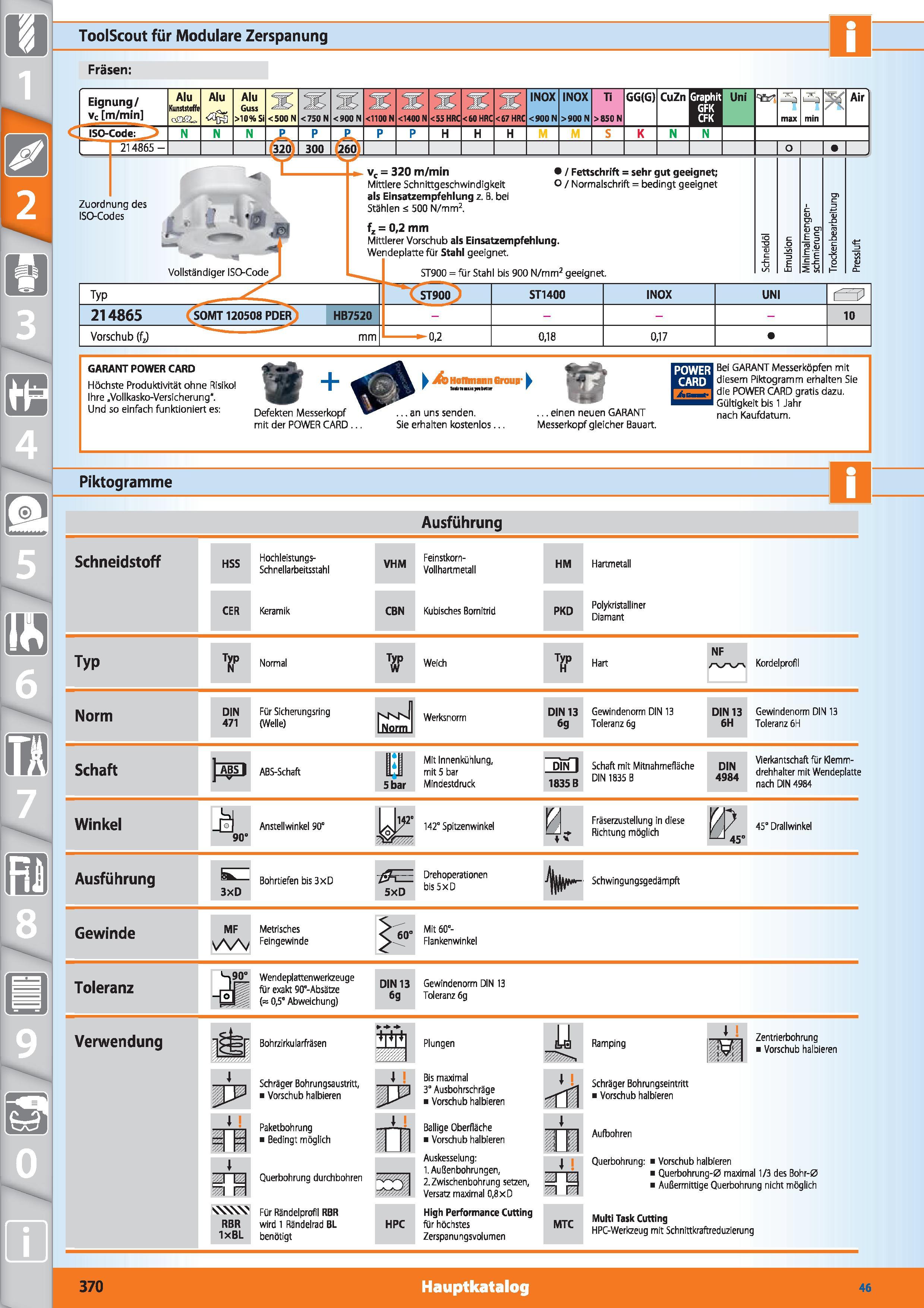 370 ToolScout für Modulare Zerspanung Fräsen Zuordnung des ISO-Codes Vollständiger ISO-Code vc = 320 m/min Mittlere Schnittgeschwindigkeit als E Каталог HOFFMANN GROUP 2015 Инструмент режущий слесарный измерительный абразивный Оборудование Комплексные поставки для промышленных предприятий DEU Стр. 370