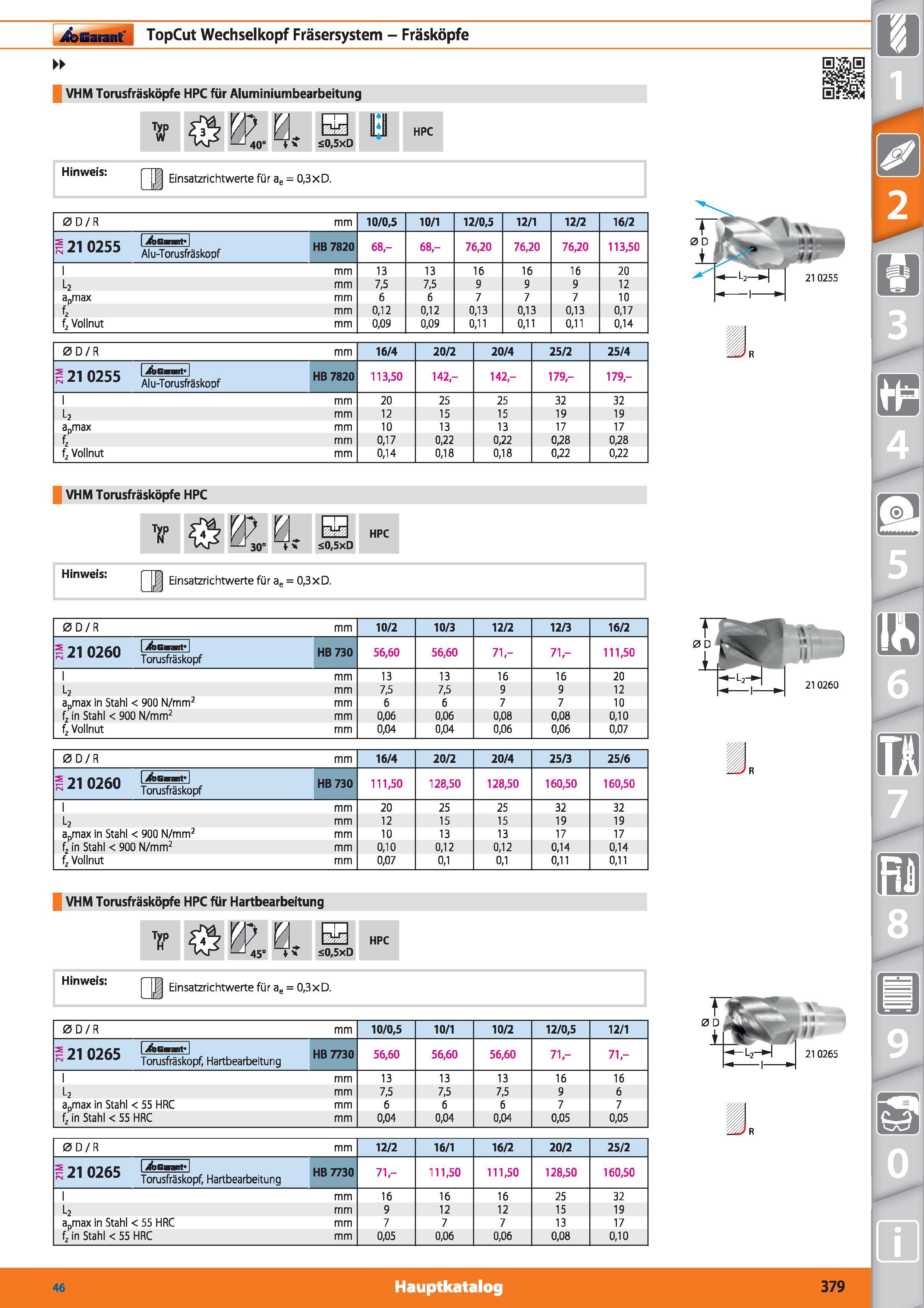 379 Garant TopCut Wechselkopf Fräsersystem - Fräsköpfe VHM Torusfräsköpfe HPC für Aluminiumbearbeitung Typ W HPC Hinweis Ua Einsatzrichtwerte fü Каталог HOFFMANN GROUP 2015 Инструмент режущий слесарный измерительный абразивный Оборудование Комплексные поставки для промышленных предприятий DEU Стр. 379