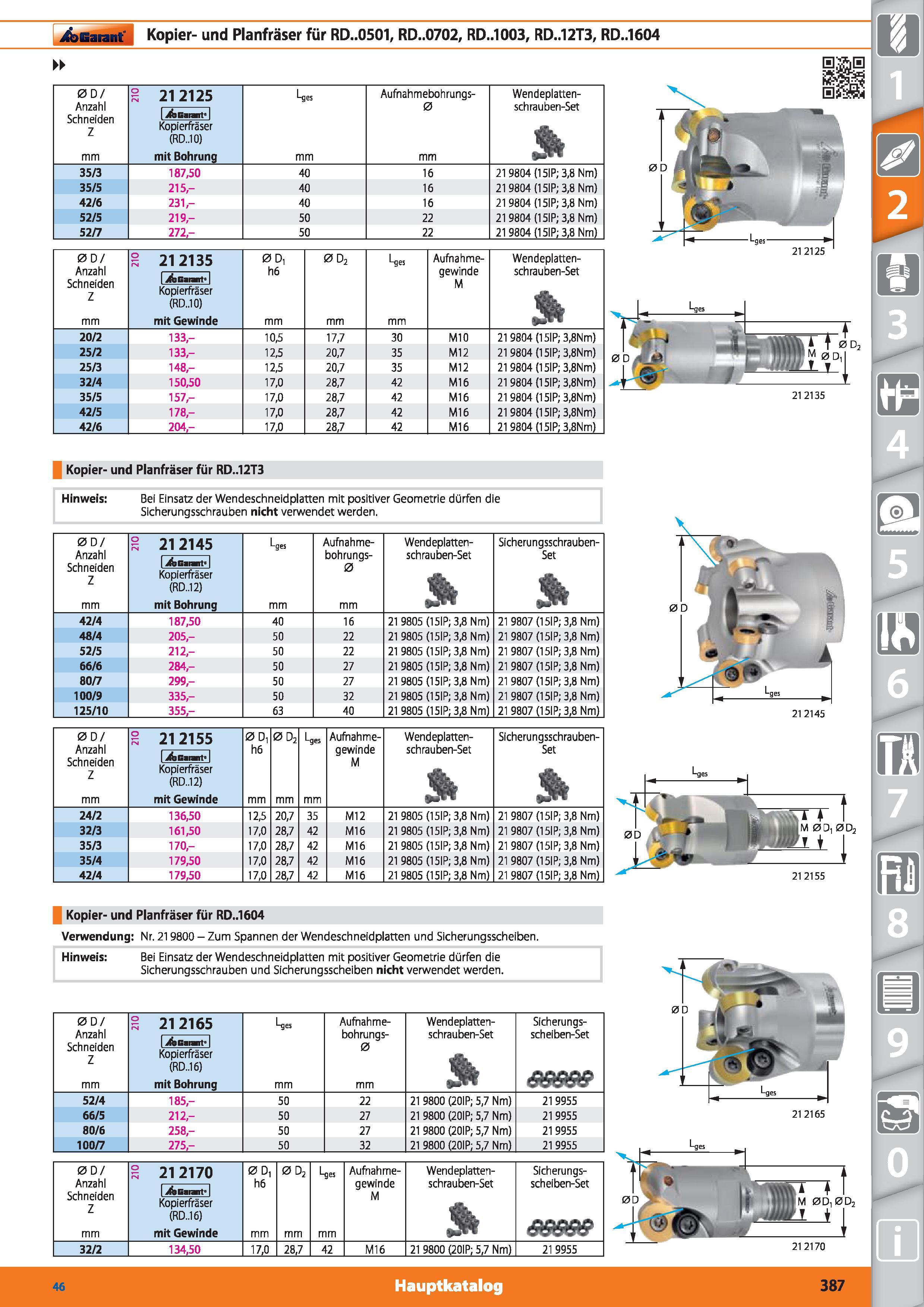 387 Garant Kopier- und Planfräser für RD 0501, RD 0702, RD 1003, RD 12T3, RD 1604 0 D/ Anzahl Schneiden Z mm g 212125 1 ifesaiants 1 Kopierfräse Каталог HOFFMANN GROUP 2015 Инструмент режущий слесарный измерительный абразивный Оборудование Комплексные поставки для промышленных предприятий DEU Стр. 387