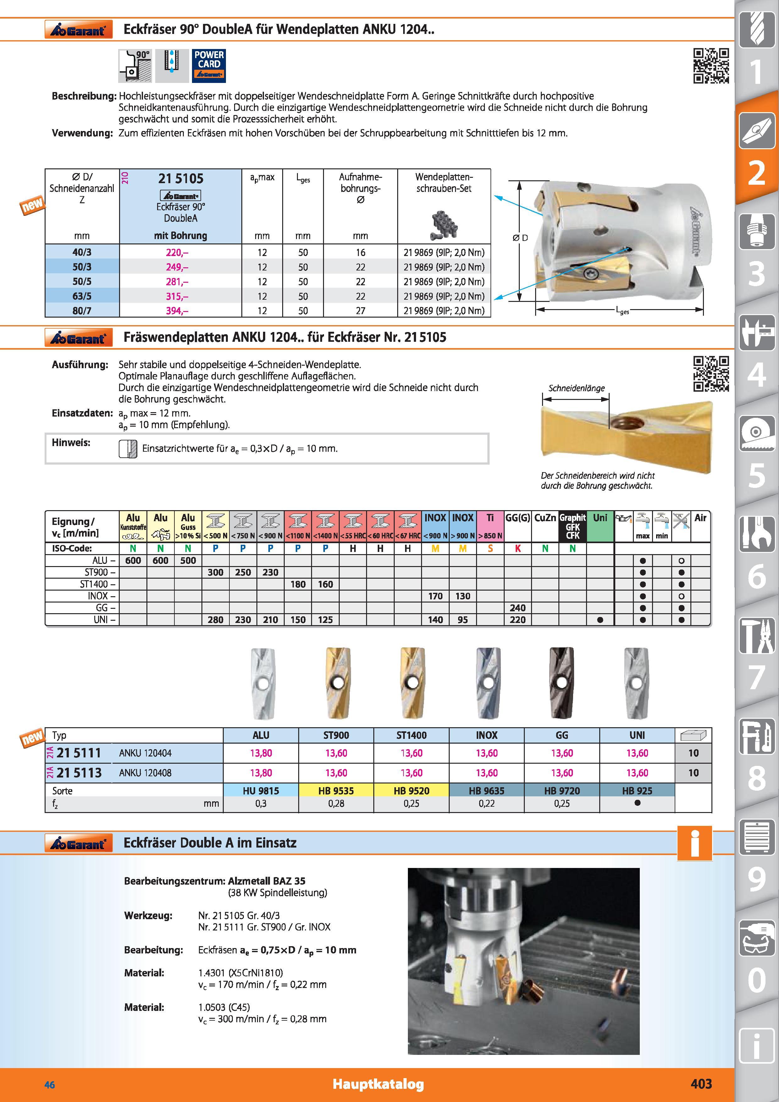 403 Garant Eckfräser 90° DoubleA für Wendeplatten ANKU 1204 , Beschreibung Hochleistungseckfräser mit doppelseitiger Wendeschneidplatte Form A G Каталог HOFFMANN GROUP 2015 Инструмент режущий слесарный измерительный абразивный Оборудование Комплексные поставки для промышленных предприятий DEU Стр. 403
