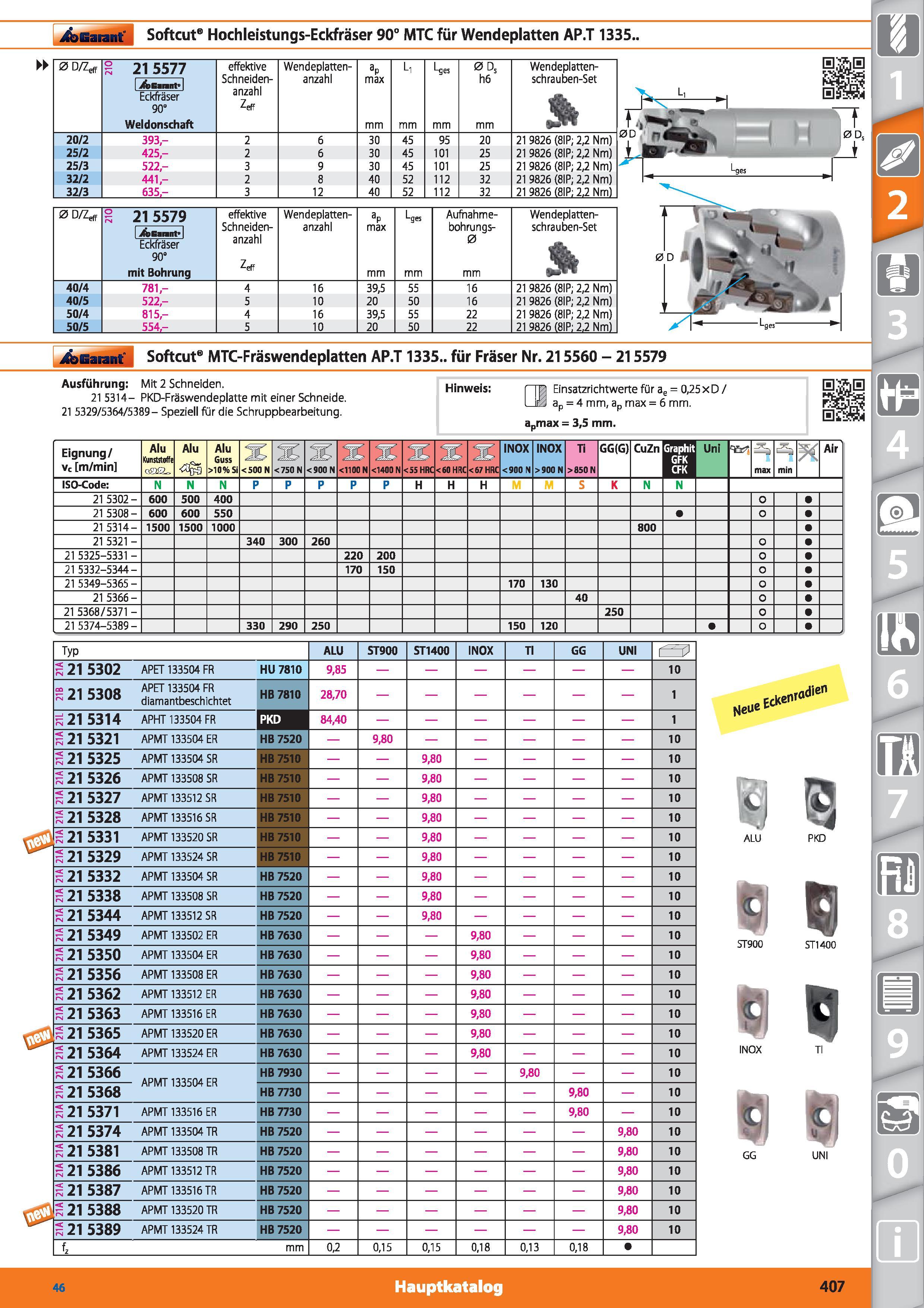 407 Garant Softcut6 Hochleistungs-Eckfräser 90° MTC für Wendeplatten AP T 1335 0D/Z f s 215577 jt Eannt11 effektive Schneiden- anzahl Zeff Wende Каталог HOFFMANN GROUP 2015 Инструмент режущий слесарный измерительный абразивный Оборудование Комплексные поставки для промышленных предприятий DEU Стр. 407