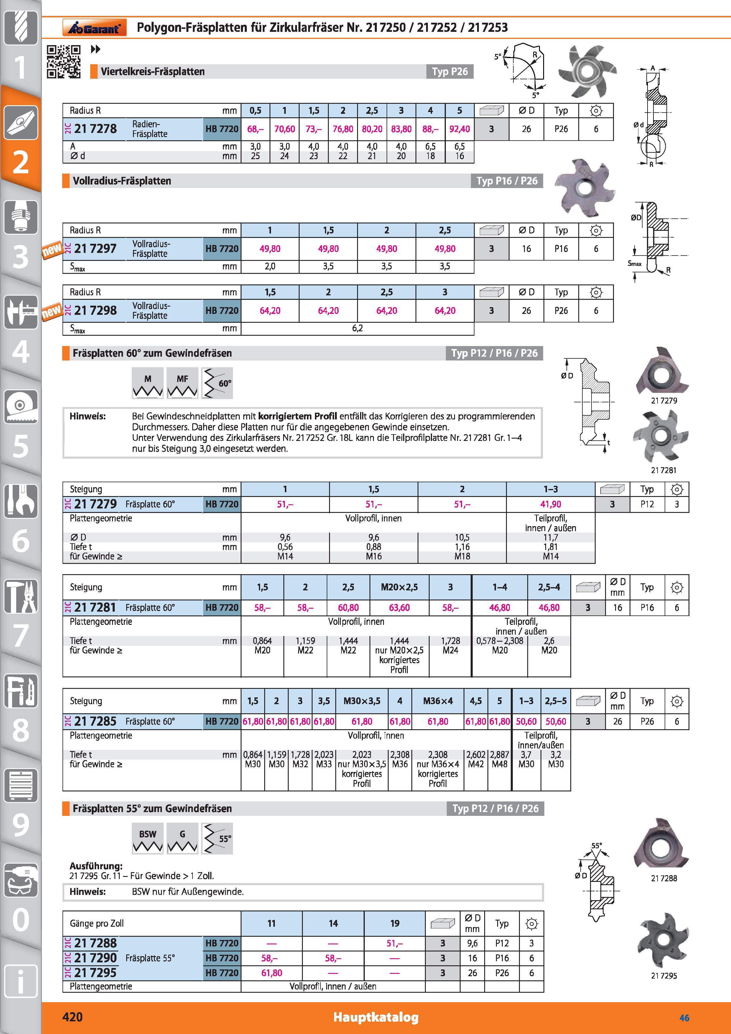 420 i&>Garant' Polygon-Fräsplatten für Zirkularfräser Nr 217250 / 217252 / 217253 Typ P26 Radius R mm 0,5 1 1,5 2 2,5 3 4 5 lf=5 0 D Typ < > S 2 Каталог HOFFMANN GROUP 2015 Инструмент режущий слесарный измерительный абразивный Оборудование Комплексные поставки для промышленных предприятий DEU Стр. 420