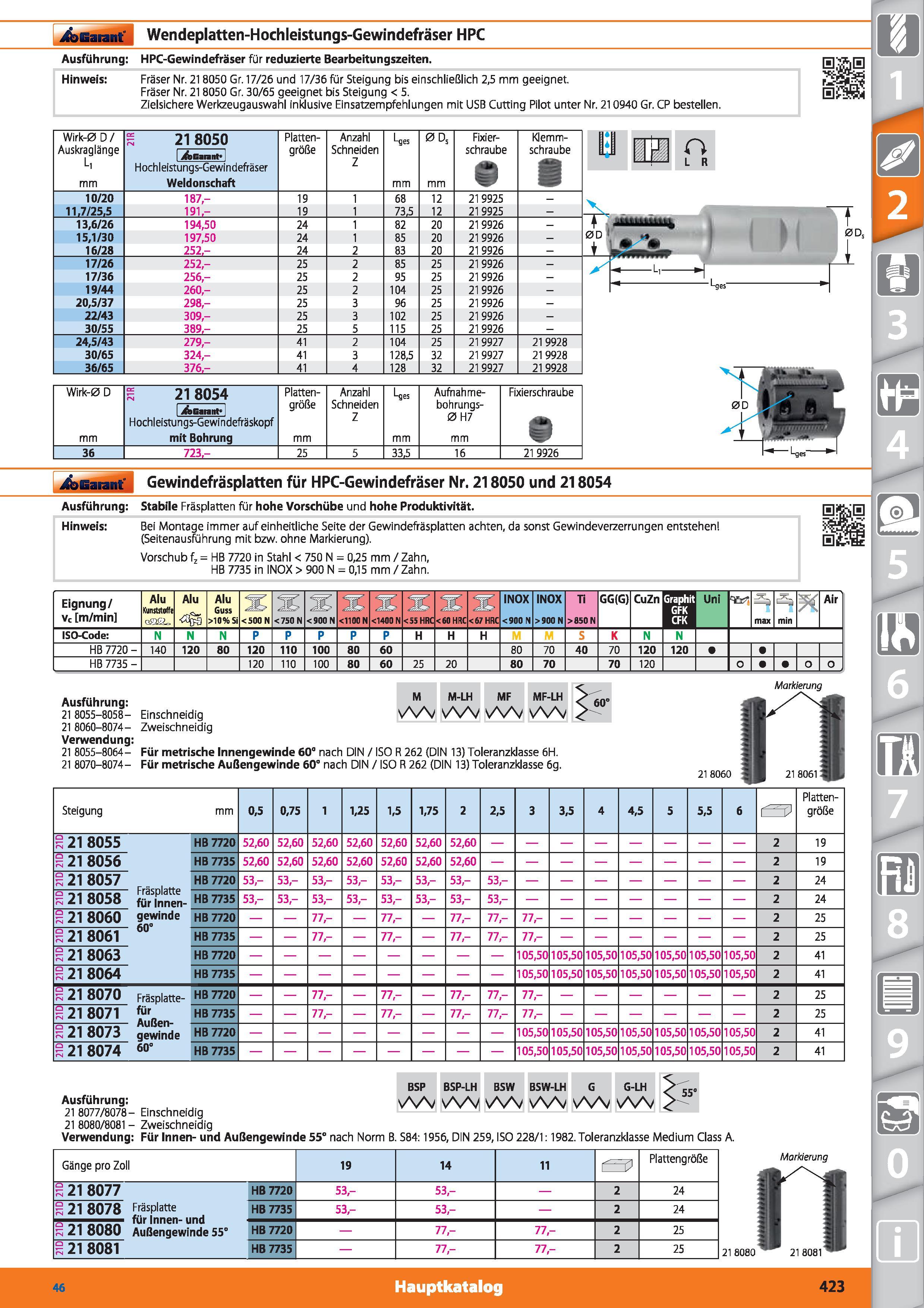423 Garant Wendeplatten-Hochleistungs-Gewindefräser HPC Ausführung HPC-Gewindefräser für reduzierte Bearbeitungszeiten Hinweis Fräser Nr 218050 Каталог HOFFMANN GROUP 2015 Инструмент режущий слесарный измерительный абразивный Оборудование Комплексные поставки для промышленных предприятий DEU Стр. 423