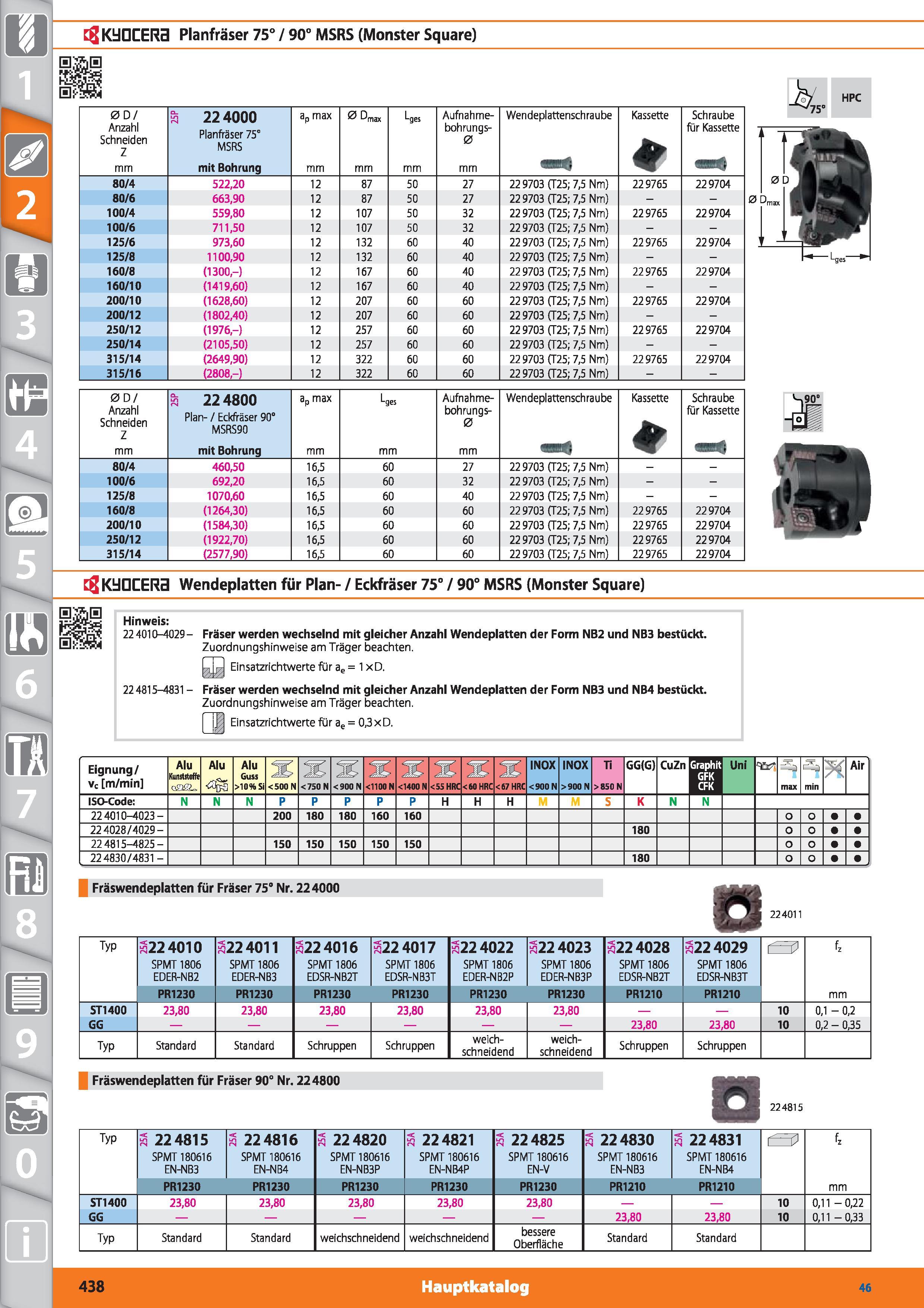 438 KblDCERB Planfräser 75° / 90° MSRS (Monster Square) 00/ Anzahl Schneiden z % 224000 Planfräser 75° MSRS ap max Dmax Lges Aufnahme- bohrungs- Каталог HOFFMANN GROUP 2015 Инструмент режущий слесарный измерительный абразивный Оборудование Комплексные поставки для промышленных предприятий DEU Стр. 438