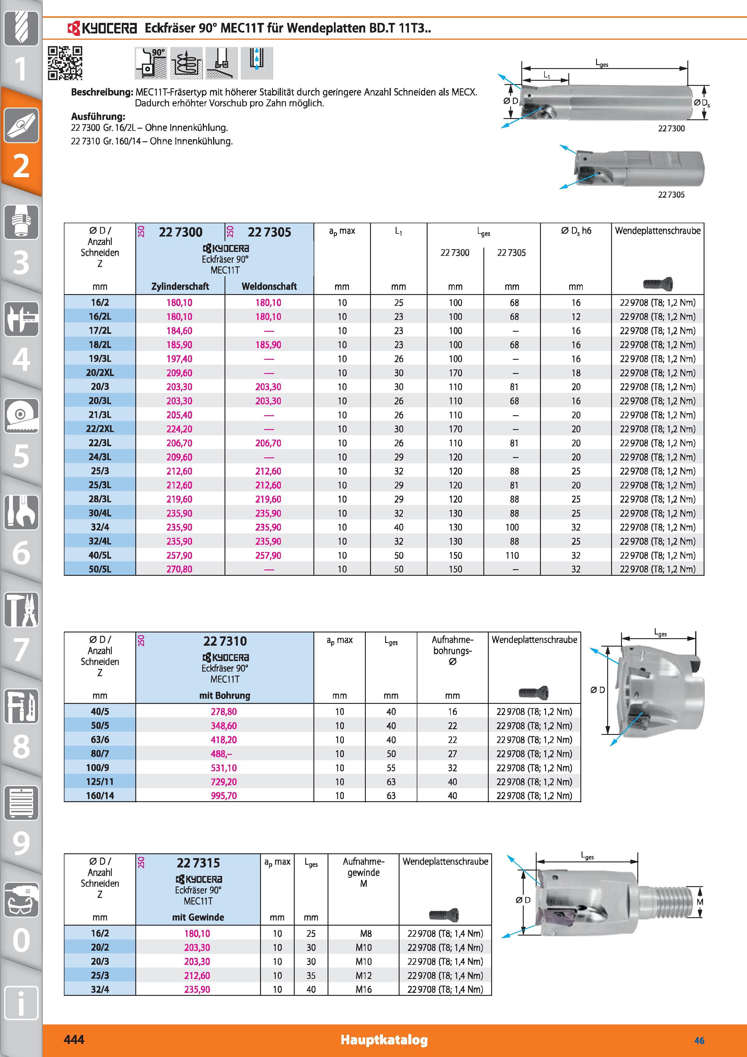 444 cg KyOCERa Eckfräser 90° MEC11T für Wendeplatten BD T 11T3 '- 90° JI ui Lqes 4 P W3 L, Beschreibung MECIIT-Fräsertyp mit höherer Stabilität Каталог HOFFMANN GROUP 2015 Инструмент режущий слесарный измерительный абразивный Оборудование Комплексные поставки для промышленных предприятий DEU Стр. 444