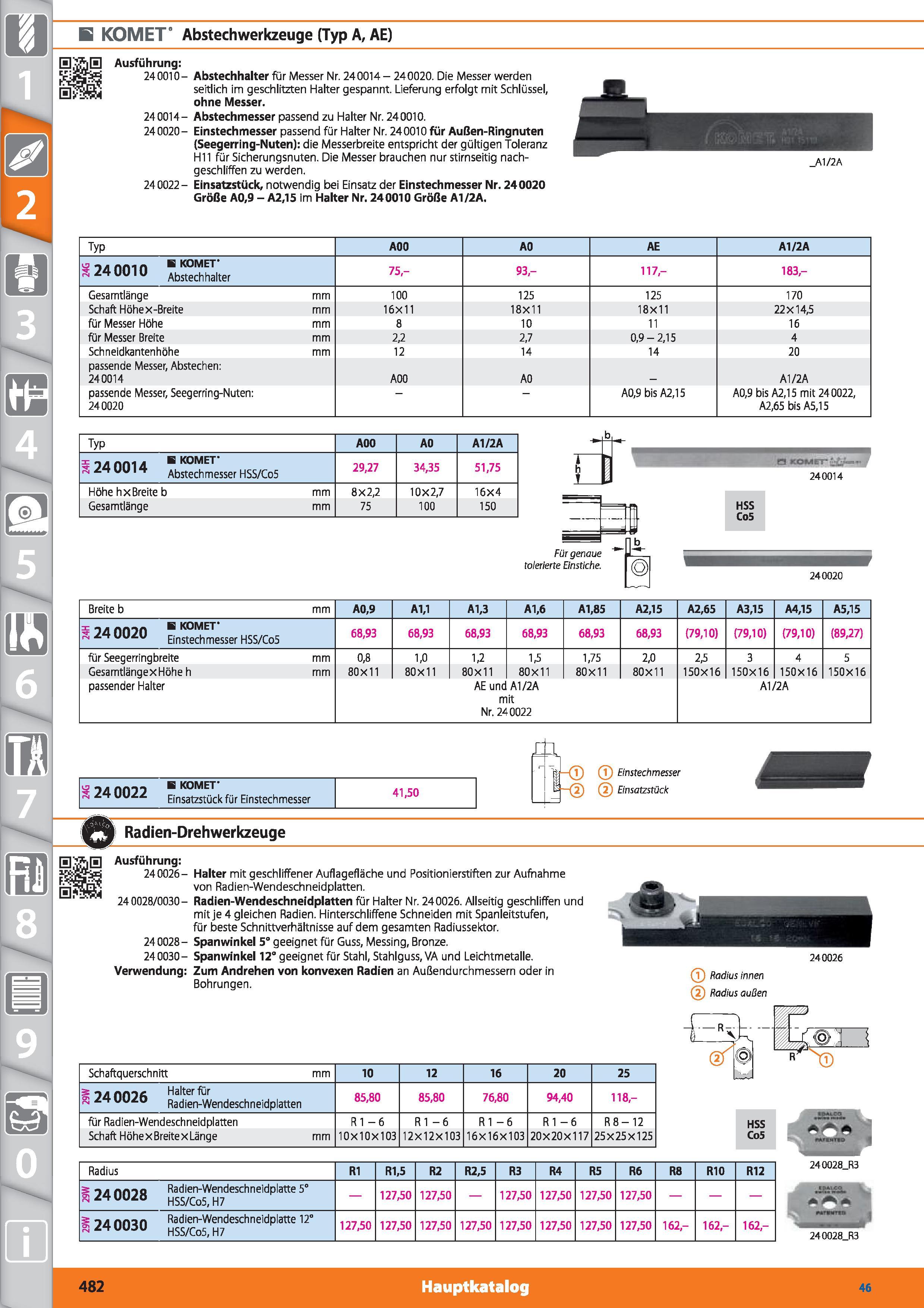 482 E KOMET Abstechwerkzeuge (Typ A, AE) Ausführung 240010- Abstechhalter für Messer Nr 240014 - 240020 Die Messer werden seitlich im geschlitzt Каталог HOFFMANN GROUP 2015 Инструмент режущий слесарный измерительный абразивный Оборудование Комплексные поставки для промышленных предприятий DEU Стр. 482