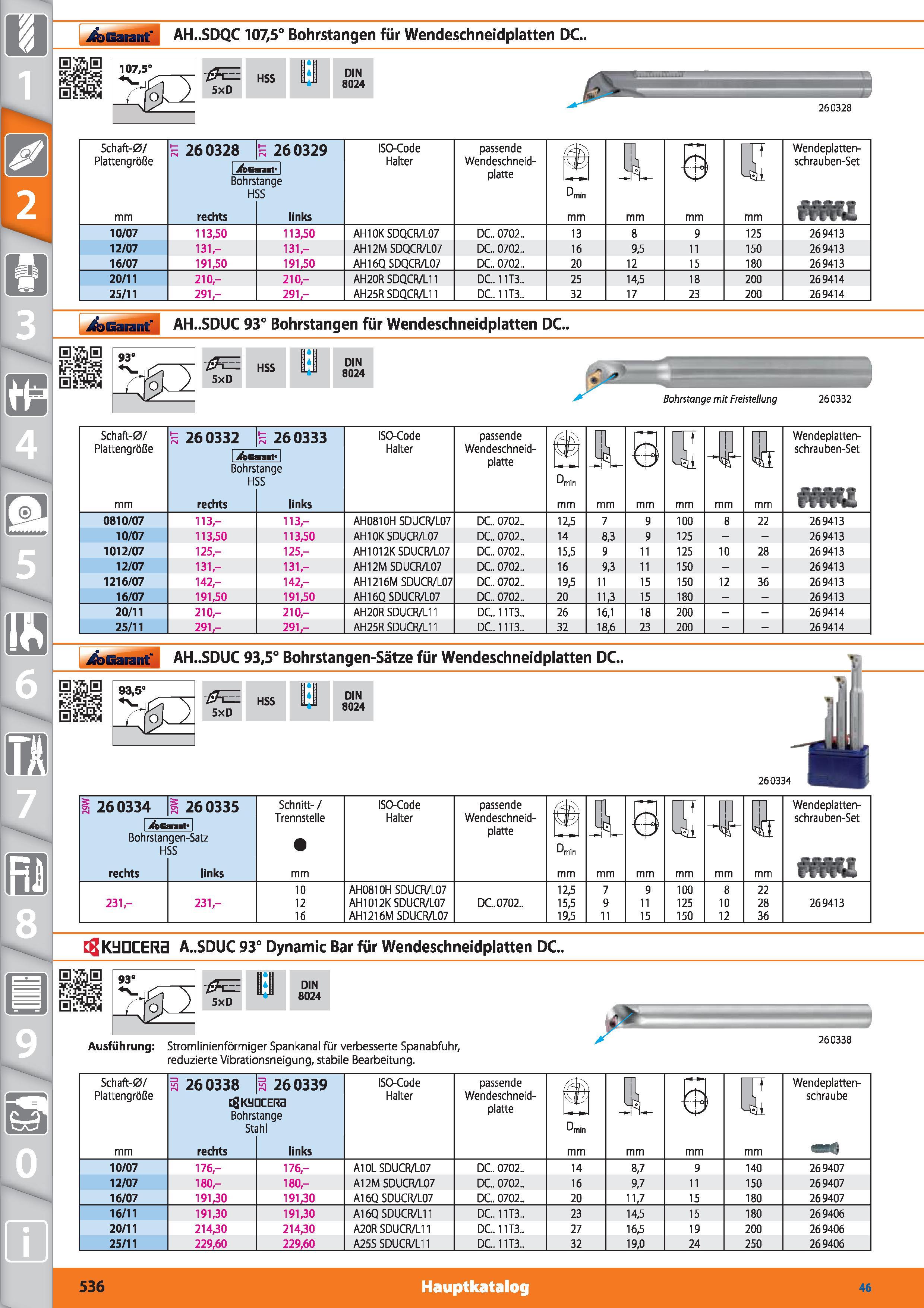 536 Garant AH SDQC 107,5° Bohrstangen für Wendeschneidplatten DC HSS DIN 8024 fl 260328 Schaft-0/ Plattengröße Bohrstange HSS rechts links ISO-C Каталог HOFFMANN GROUP 2015 Инструмент режущий слесарный измерительный абразивный Оборудование Комплексные поставки для промышленных предприятий DEU Стр. 536