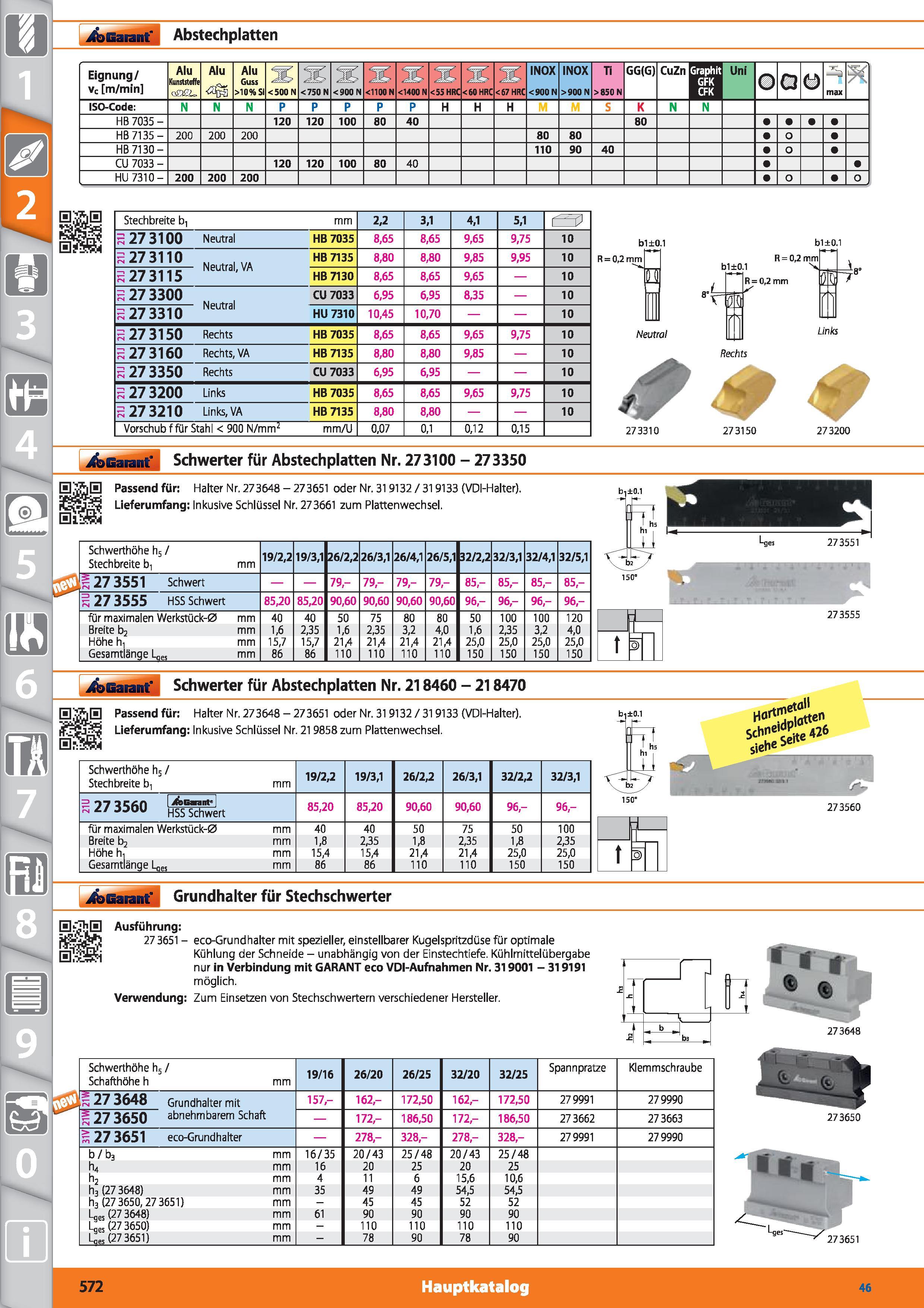 572 Garant' Abstechplatten Eignung/ vc m/min Alu Kunststoffe omu Alu Alu Guss >10% SI <500 N <750 N <900 N <1100 N <1400 N <E <E <e INOX <900 N Каталог HOFFMANN GROUP 2015 Инструмент режущий слесарный измерительный абразивный Оборудование Комплексные поставки для промышленных предприятий DEU Стр. 572