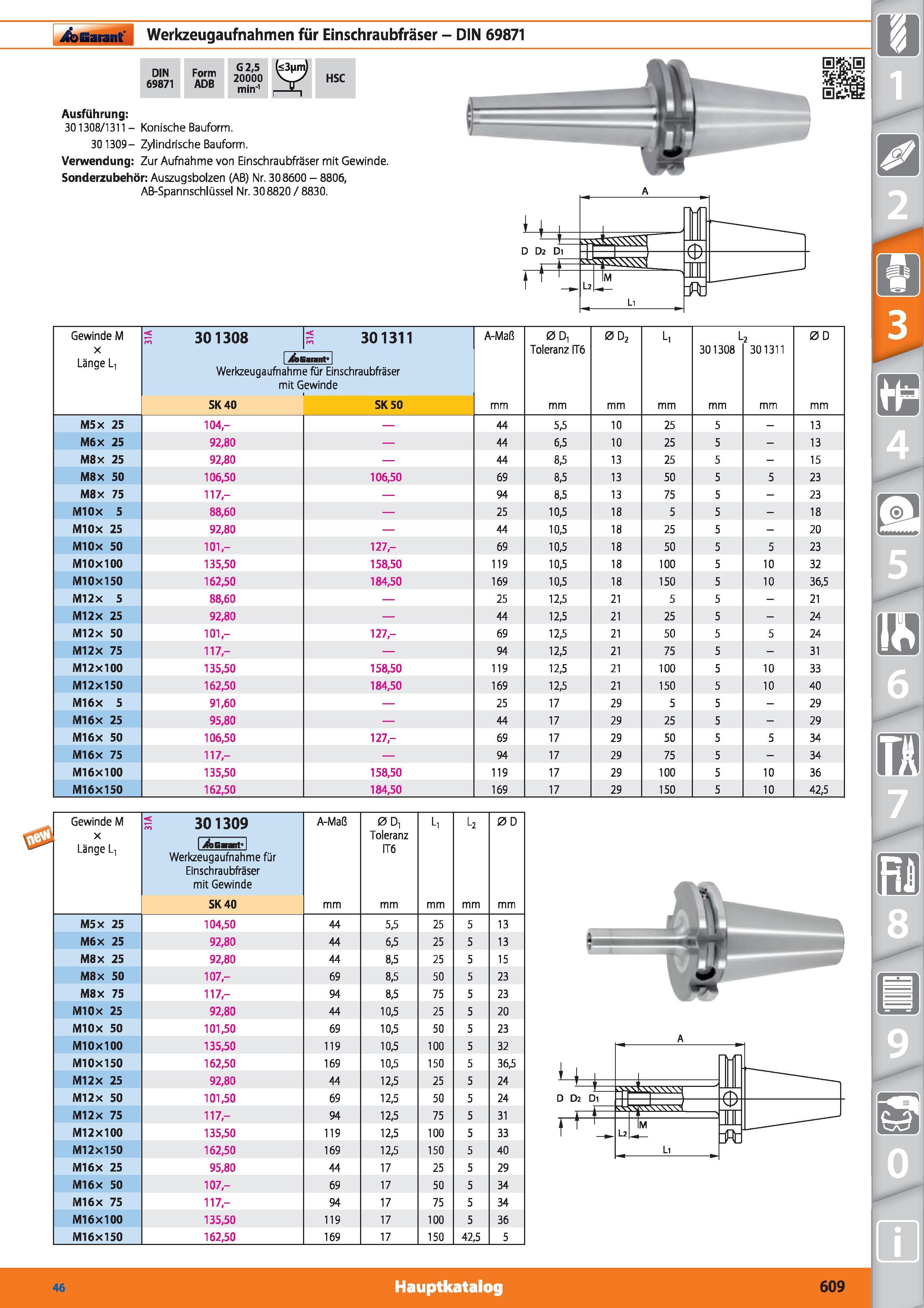 609 Garant Werkzeugaufnahmen für Einschraubfräser - DIN 69871 DIN 69871 Form ADB G 2,5 20000 min'1 HSC Ausführung 301308/1311 - Konische Bauform Каталог HOFFMANN GROUP 2015 Инструмент режущий слесарный измерительный абразивный Оборудование Комплексные поставки для промышленных предприятий DEU Стр. 609