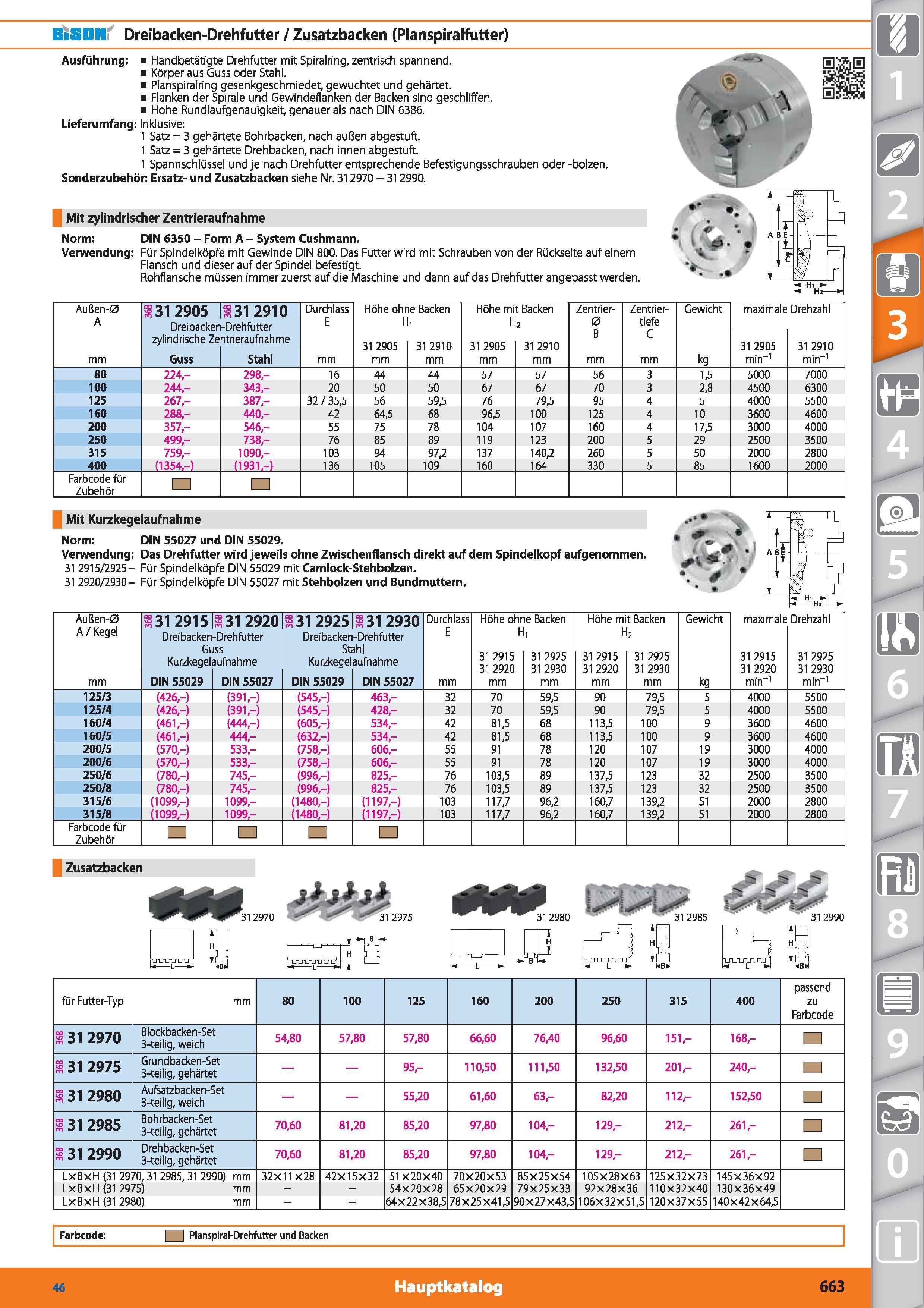 663 BiSON Dreibacken-Drehfutter / Zusatzbacken (Planspiralfutter) Ausführung Handbetätigte Drehfutter mit Spiralring, zentrisch spannend Körper Каталог HOFFMANN GROUP 2015 Инструмент режущий слесарный измерительный абразивный Оборудование Комплексные поставки для промышленных предприятий DEU Стр. 663