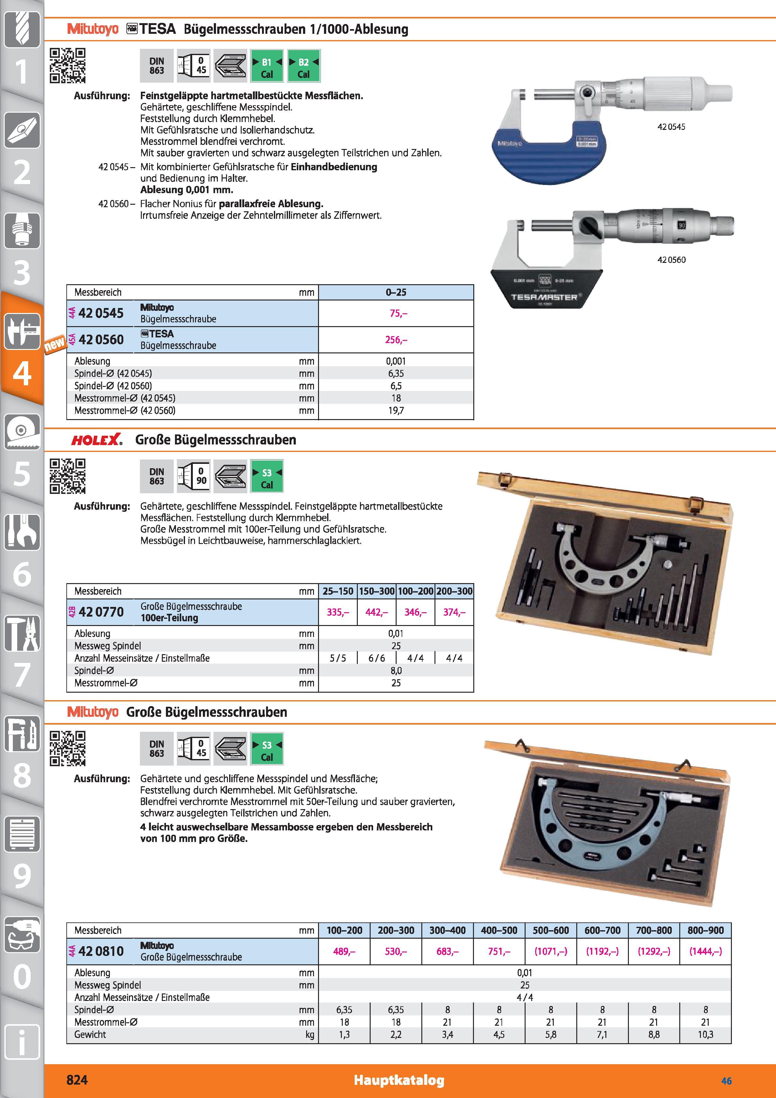 824 Mitutoyo BTESA Bügelmessschrauben 1/1000-Ablesung Ausführung Feinstgeläppte hartmetallbestückte Messflächen Gehärtete, geschliffene Messspin Каталог HOFFMANN GROUP 2015 Инструмент режущий слесарный измерительный абразивный Оборудование Комплексные поставки для промышленных предприятий DEU Стр. 824