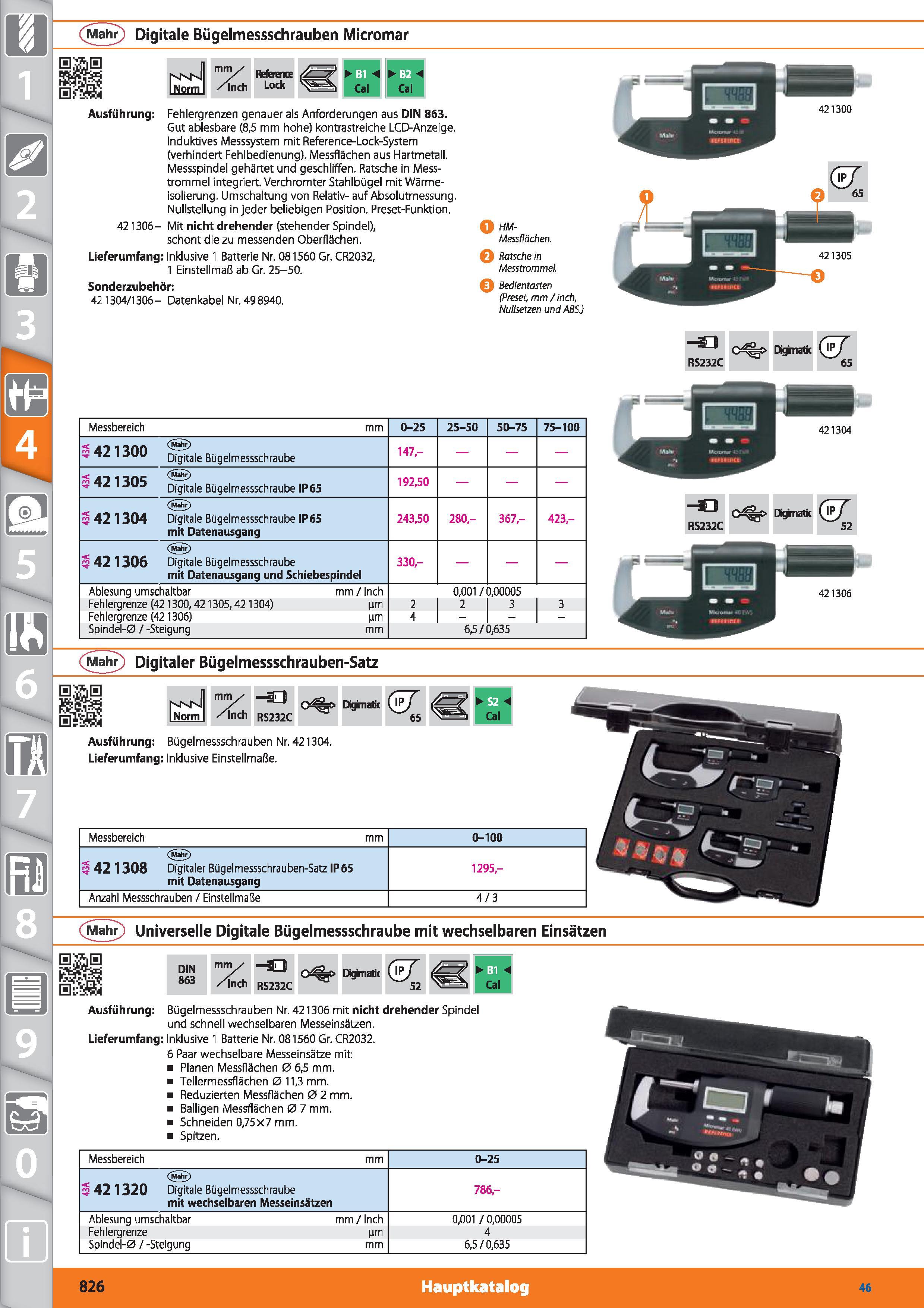 826 (Mahr) Digitale Bügelmessschrauben Micromar Ausführung 421306- mm/ /Inch Referon Lock Bl B2 Fehlergrenzen genauer als Anforderungen aus DIN Каталог HOFFMANN GROUP 2015 Инструмент режущий слесарный измерительный абразивный Оборудование Комплексные поставки для промышленных предприятий DEU Стр. 826