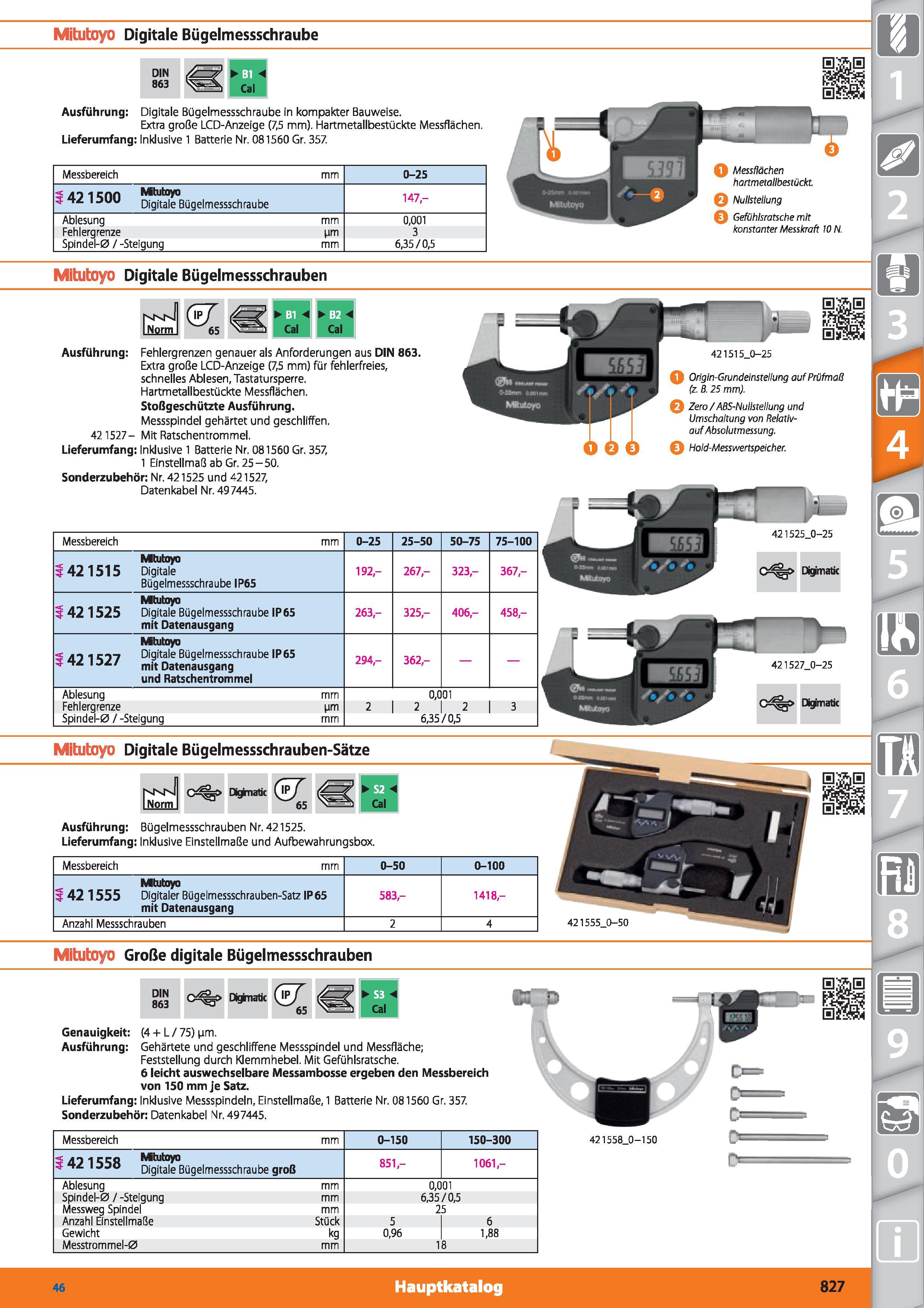 827 Mitutoyo Digitale Bügelmessschraube DIN 863 Ausführung Digitale Bügelmessschraube in kompakter Bauweise Extra große LCD-Anzeige (7,5 mm) Har Каталог HOFFMANN GROUP 2015 Инструмент режущий слесарный измерительный абразивный Оборудование Комплексные поставки для промышленных предприятий DEU Стр. 827