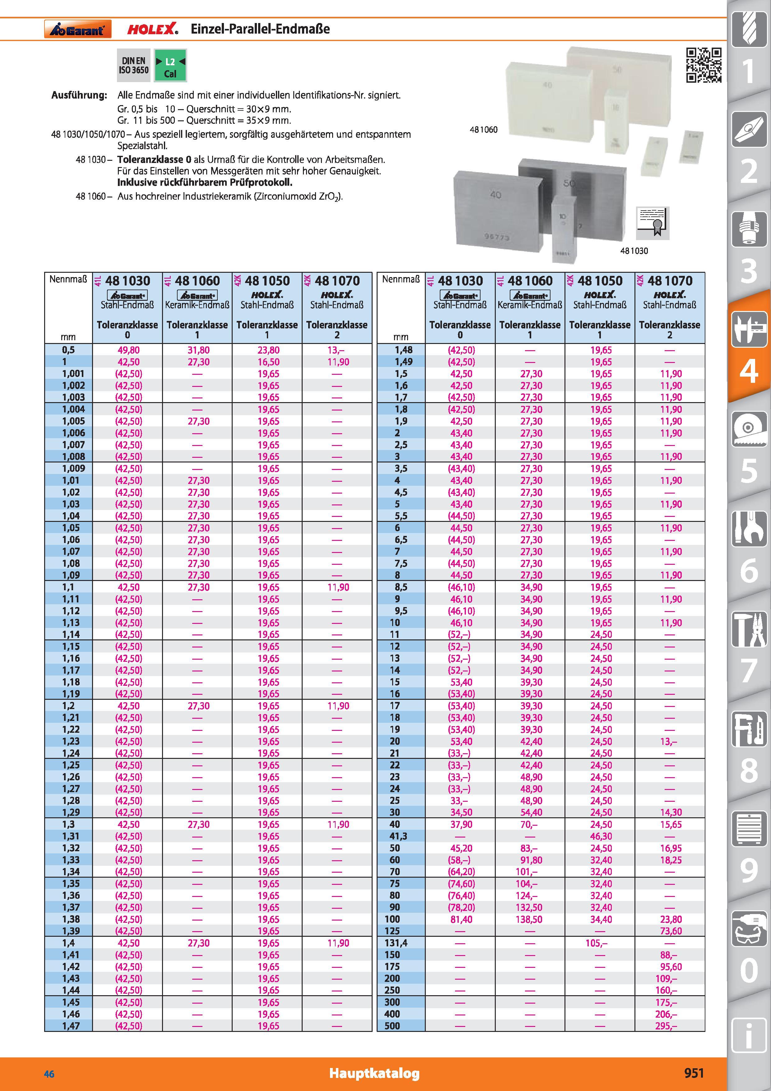 951 Garant HOLElC, Einzel-Parallel-Endmaße DINEN ISO 3650 Cal Ausführung Alle Endmaße sind mit einer individuellen Identifikations-Nr signiert G Каталог HOFFMANN GROUP 2015 Инструмент режущий слесарный измерительный абразивный Оборудование Комплексные поставки для промышленных предприятий DEU Стр. 951