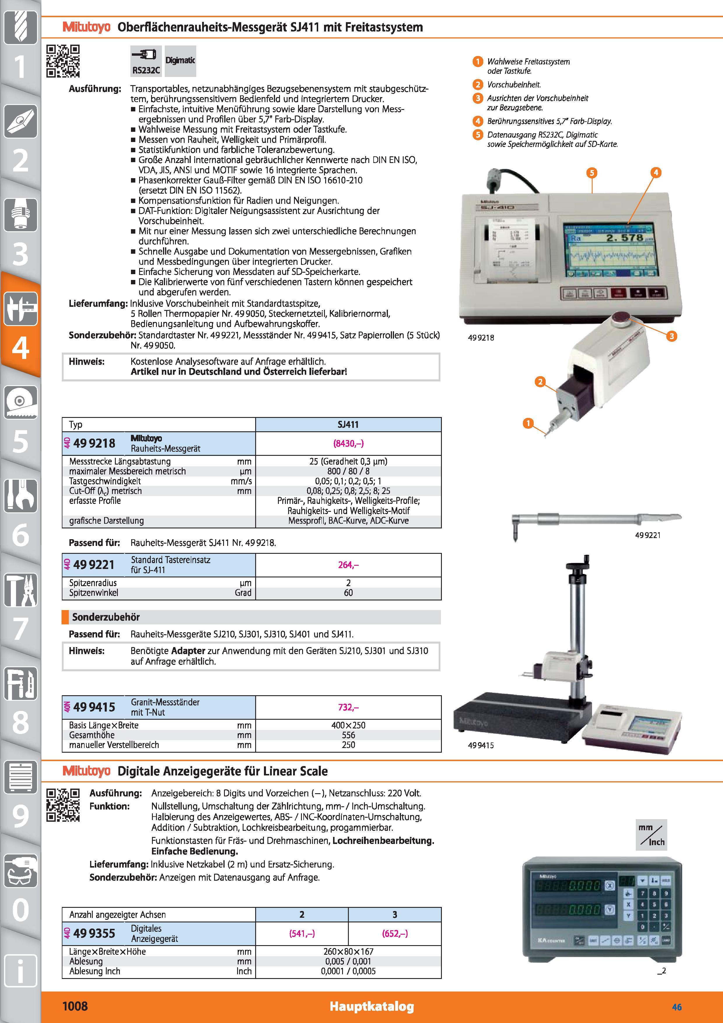 1008 Mitutoyo Oberflächenrauheits-Messgerät SJ411 mit Freitastsystem 5lB Digknatic RS232C Ausführung Transportables, netzunabhängiges Bezugsebene Каталог HOFFMANN GROUP 2015 Инструмент режущий слесарный измерительный абразивный Оборудование Комплексные поставки для промышленных предприятий DEU Стр. 1008