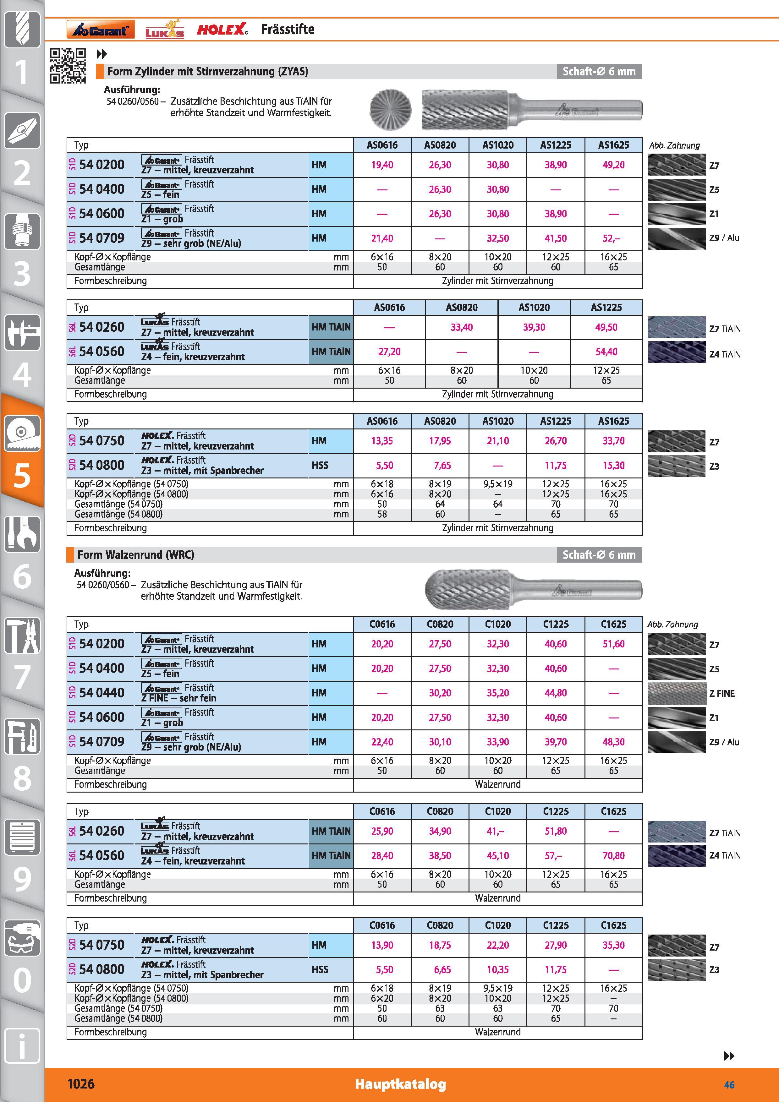 1026 ilbGaiant' HOLEX Frässtifte (Ul rcil Form Zylinder mit Stirnverzahnung (ZYAS) Ausführung 540260/0560- Zusätzliche Beschichtung aus TiAIN für Каталог HOFFMANN GROUP 2015 Инструмент режущий слесарный измерительный абразивный Оборудование Комплексные поставки для промышленных предприятий DEU Стр. 1026
