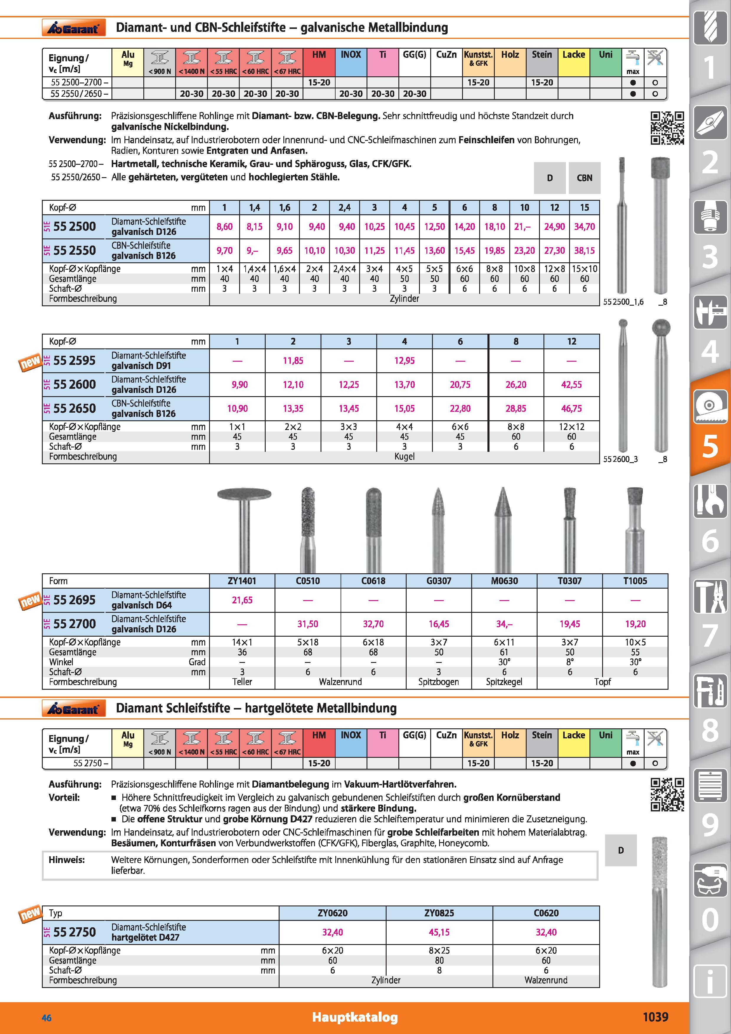 1039 Garant Diamant- und CBN-Schleifstifte - galvanische Metallbindung Eignung/ vc m/s Alu Mg <900 N <1400N <55 HRC <60 HRC <67 HRC HM INOX Ti GG Каталог HOFFMANN GROUP 2015 Инструмент режущий слесарный измерительный абразивный Оборудование Комплексные поставки для промышленных предприятий DEU Стр. 1039