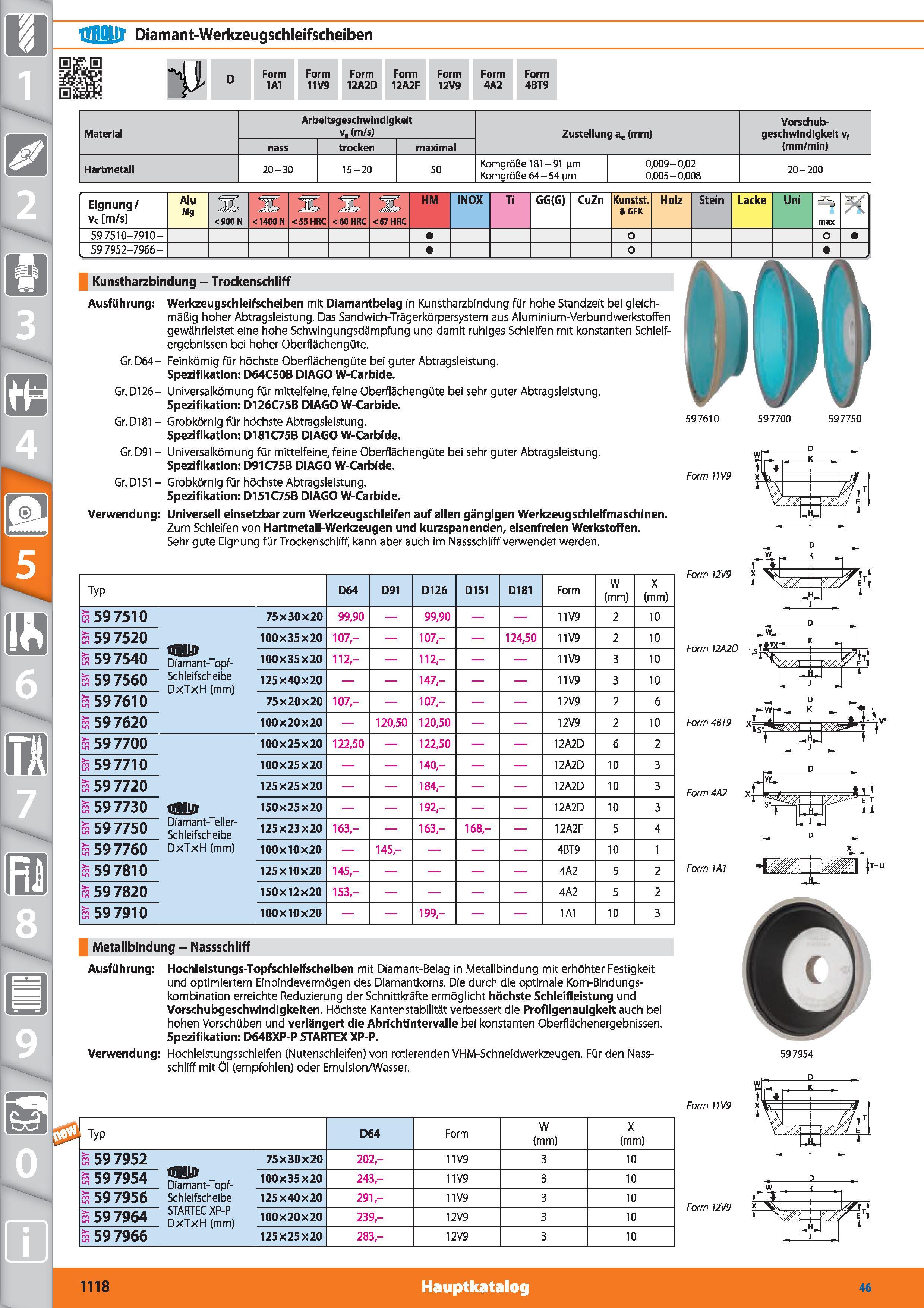 1118 tfBOUT Diamant-Werkzeugschleifscheiben Form 1A1 Form 11V9 Form 12A2D Form 12A2F Form 12V9 Form 4A2 Form 4BT9 Material Arbeitsgeschwindigkeit Каталог HOFFMANN GROUP 2015 Инструмент режущий слесарный измерительный абразивный Оборудование Комплексные поставки для промышленных предприятий DEU Стр. 1118