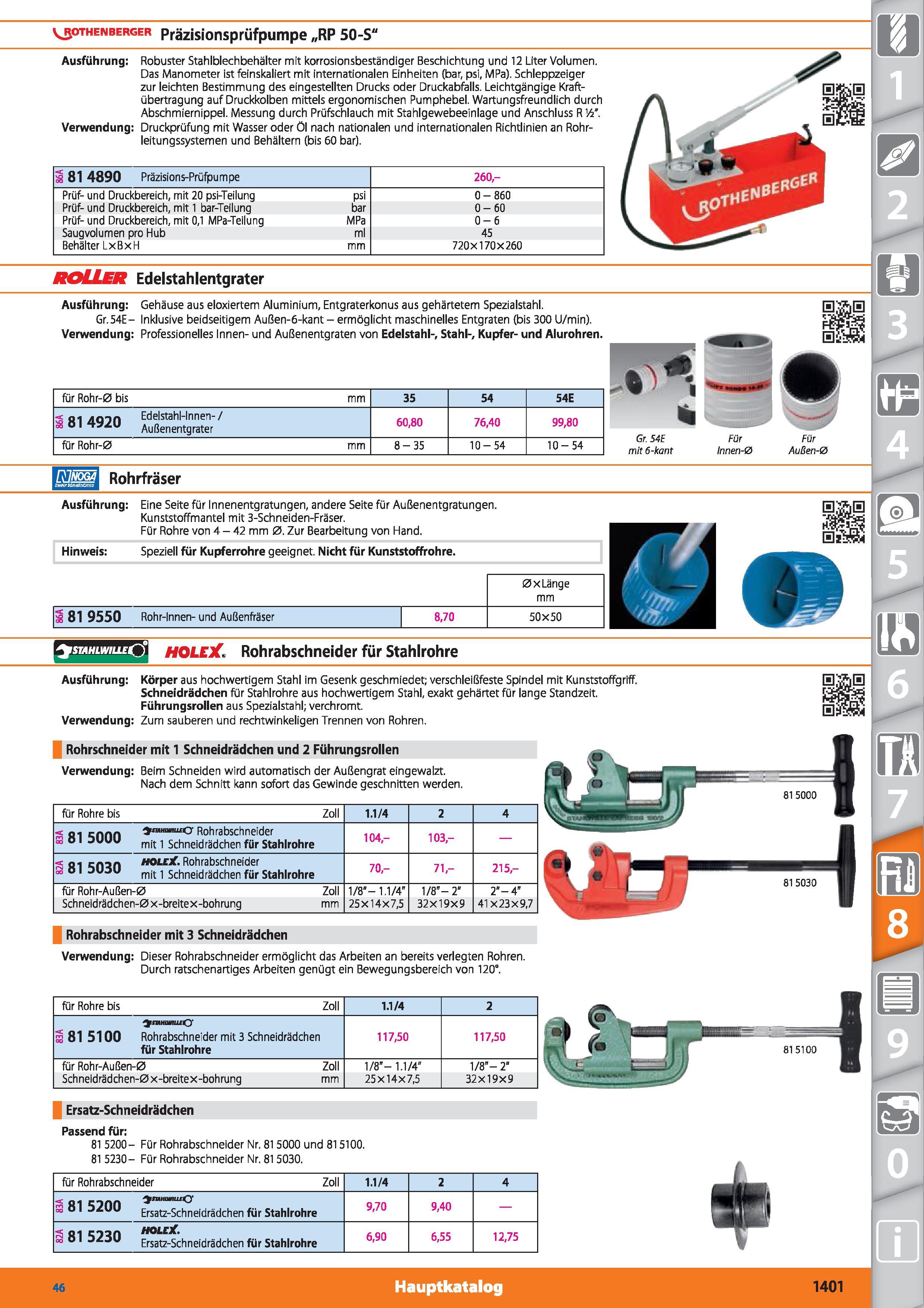1401 Rothenberger präzisionsprüfpumpe „RP 50-S Ausführung Robuster Stahlblechbehälter mit korrosionsbeständiger Beschichtung und 12 Liter Volumen Каталог HOFFMANN GROUP 2015 Инструмент режущий слесарный измерительный абразивный Оборудование Комплексные поставки для промышленных предприятий DEU Стр. 1401