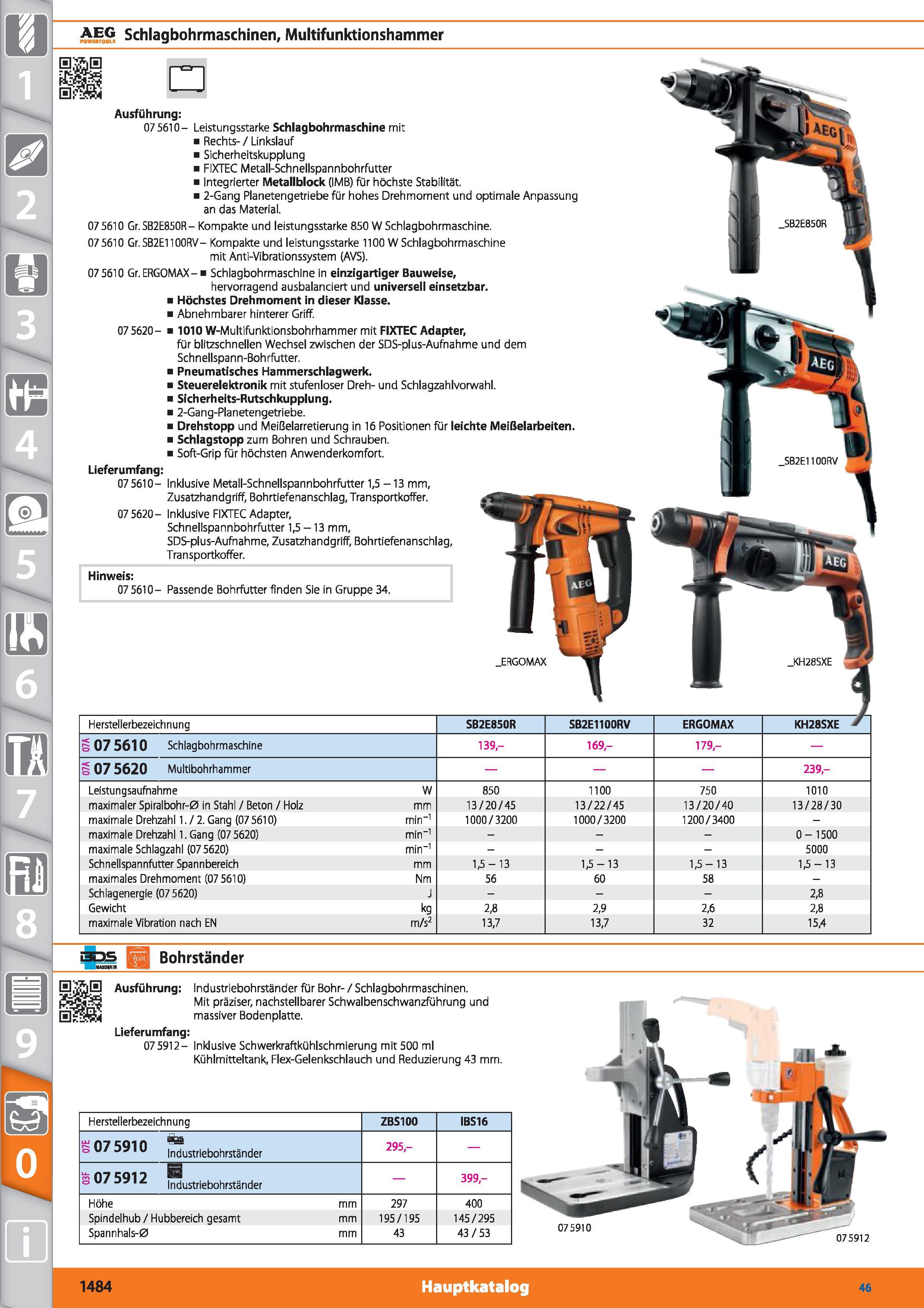 1484 AEG Schlagbohrmaschinen, Multifunktionshammer Ausführung 075610- Leistungsstarke Schlagbohrmaschine mit Rechts- / Linkslauf Sicherheitskuppl Каталог HOFFMANN GROUP 2015 Инструмент режущий слесарный измерительный абразивный Оборудование Комплексные поставки для промышленных предприятий DEU Стр. 1484
