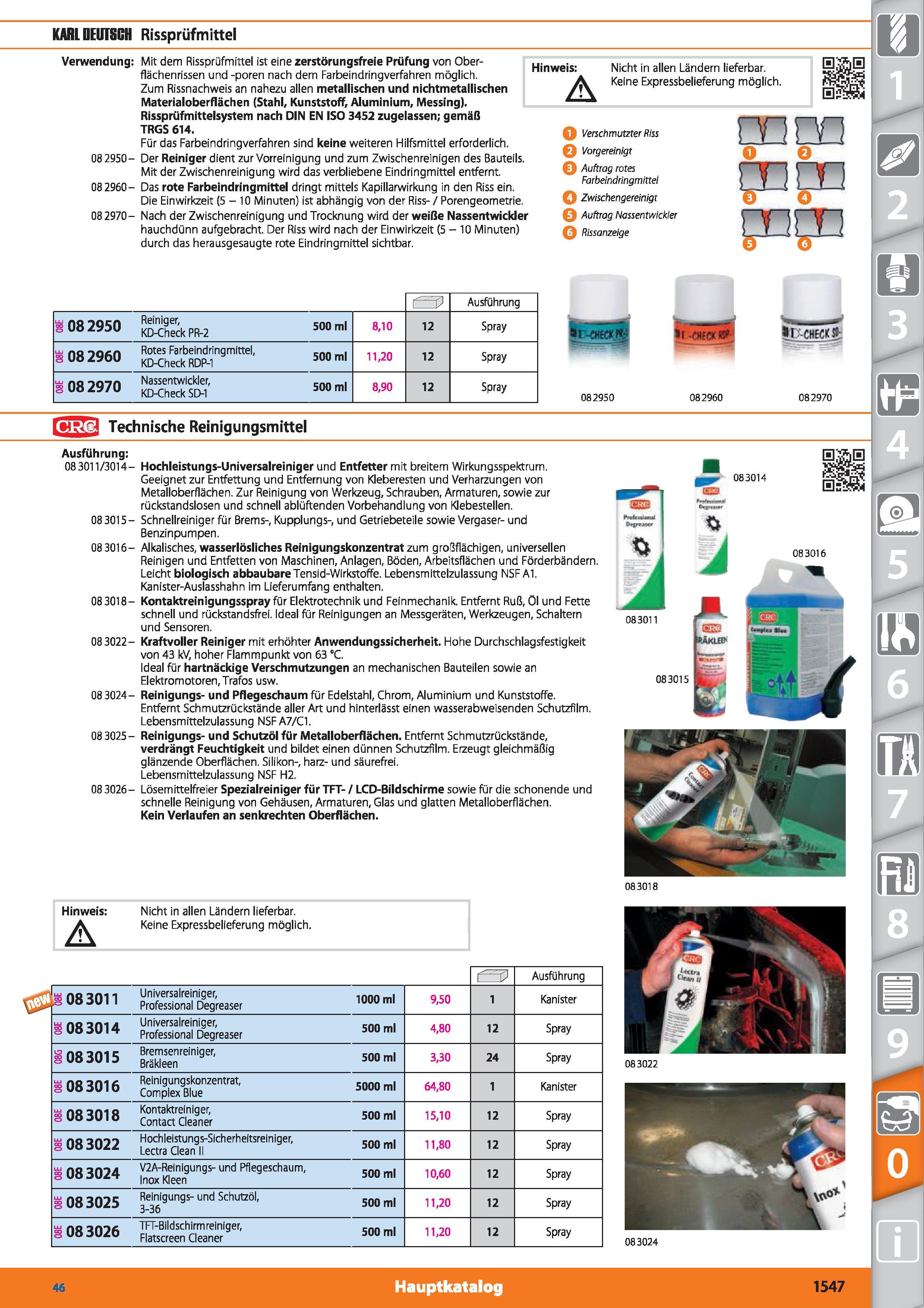 1547 KARL DEUTSCH Rissprüfmittel Verwendung Mit dem Rissprüfmittel ist eine zerstörungsfreie Prüfung von Oberflächenrissen und -poren nach dem Fa Каталог HOFFMANN GROUP 2015 Инструмент режущий слесарный измерительный абразивный Оборудование Комплексные поставки для промышленных предприятий DEU Стр. 1547