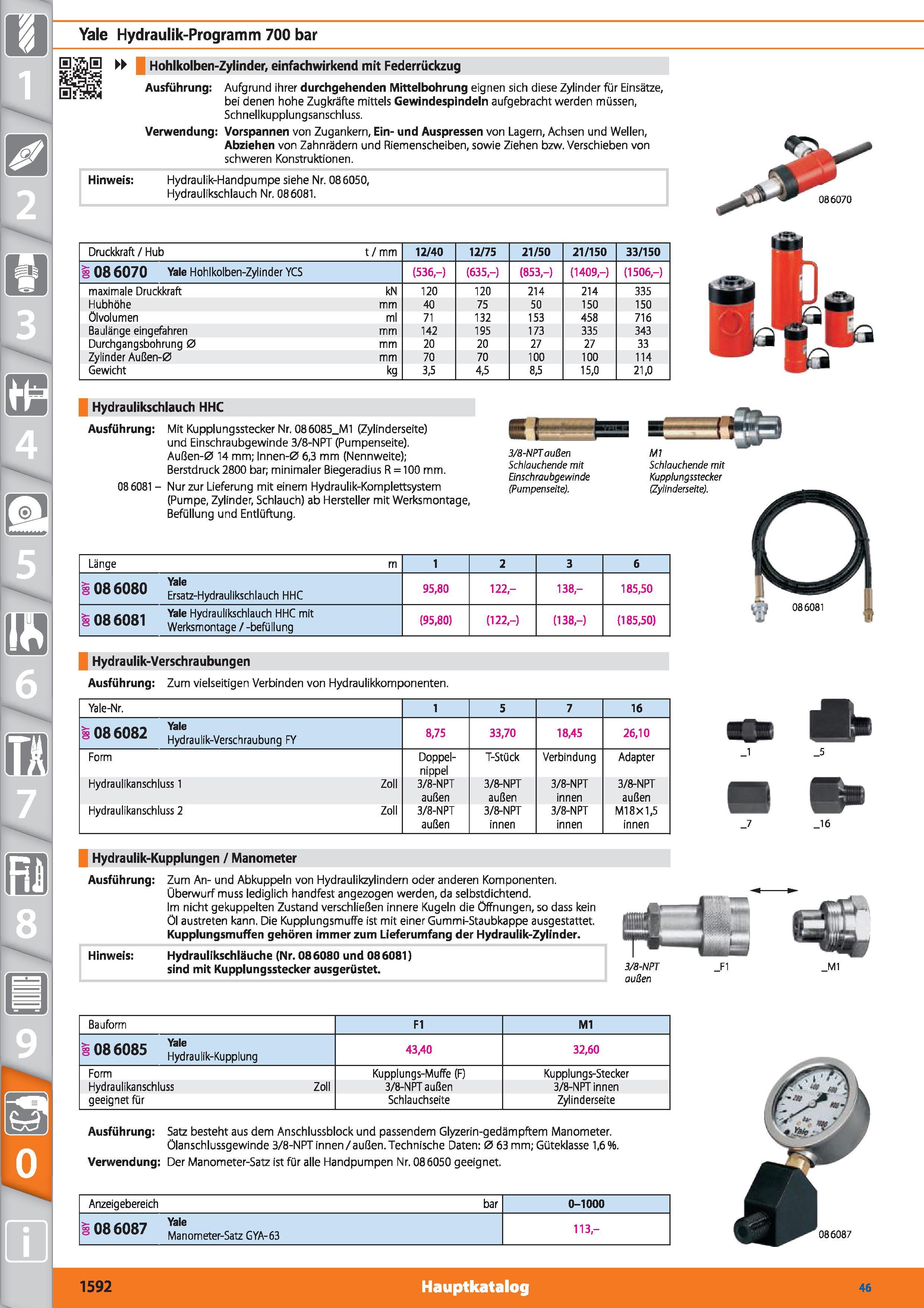 1592 Yale Hydraulik-Programm 700 bar Hohlkolben-Zylinder, einfachwirkend mit Federrückzug Ausführung Aufgrund ihrer durchgehenden Mittelbohrung e Каталог HOFFMANN GROUP 2015 Инструмент режущий слесарный измерительный абразивный Оборудование Комплексные поставки для промышленных предприятий DEU Стр. 1592