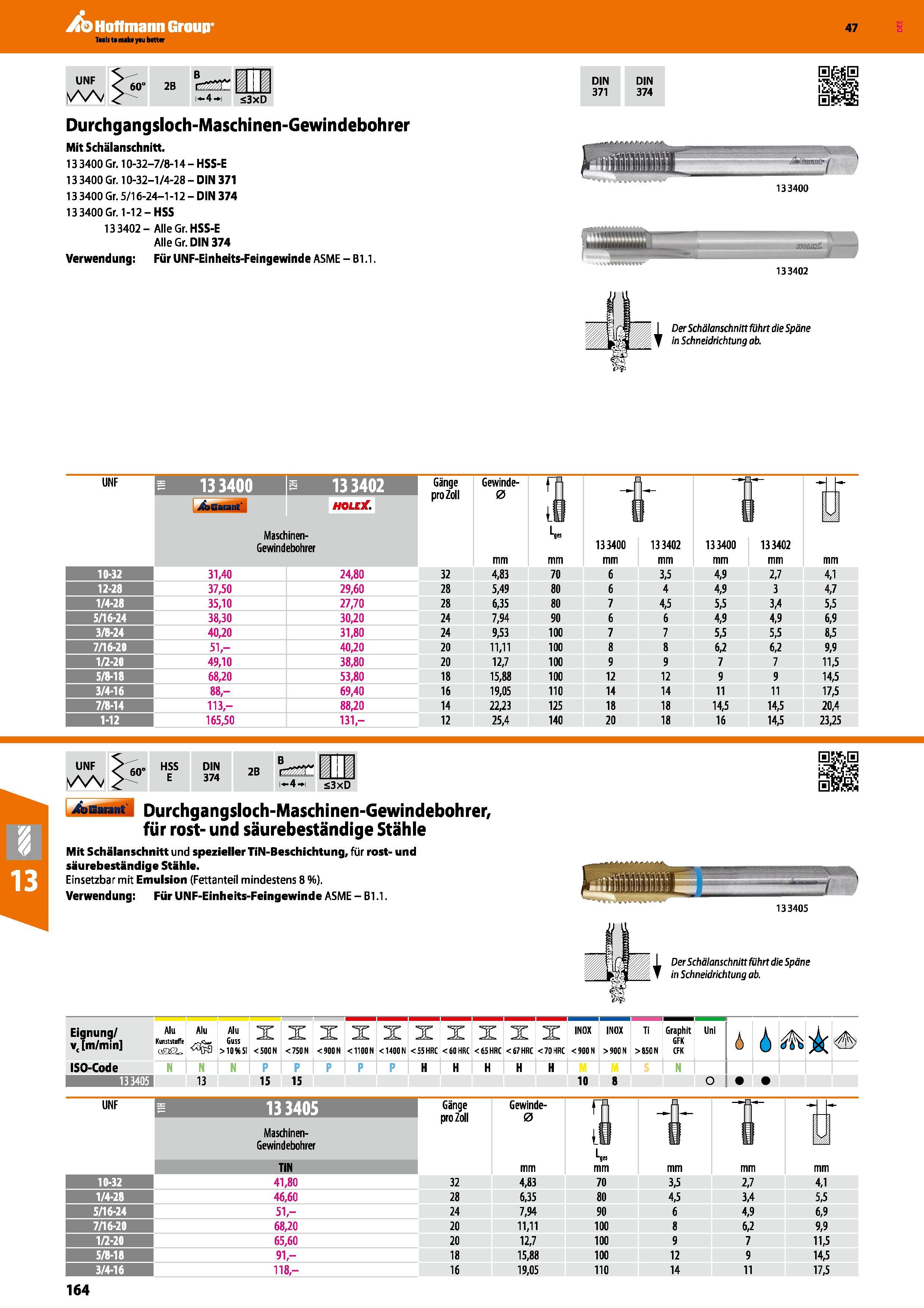 164 Durchgangsloch-Maschinen-Gewindebohrer Mit Schälanschnitt 13 3400 Gr 10-32-7/8-14 HSS-E 13 3400 Gr 10-32-1/4-28 DIN 371 13 3400 Gr 5/16-24-1 -12 Каталог HOFFMANN GROUP 2016 Режущий инструмент и инструментальная оснастка для металлообрабатывающего промышленного оборудования 47 версия издания Стр. 164 DEU