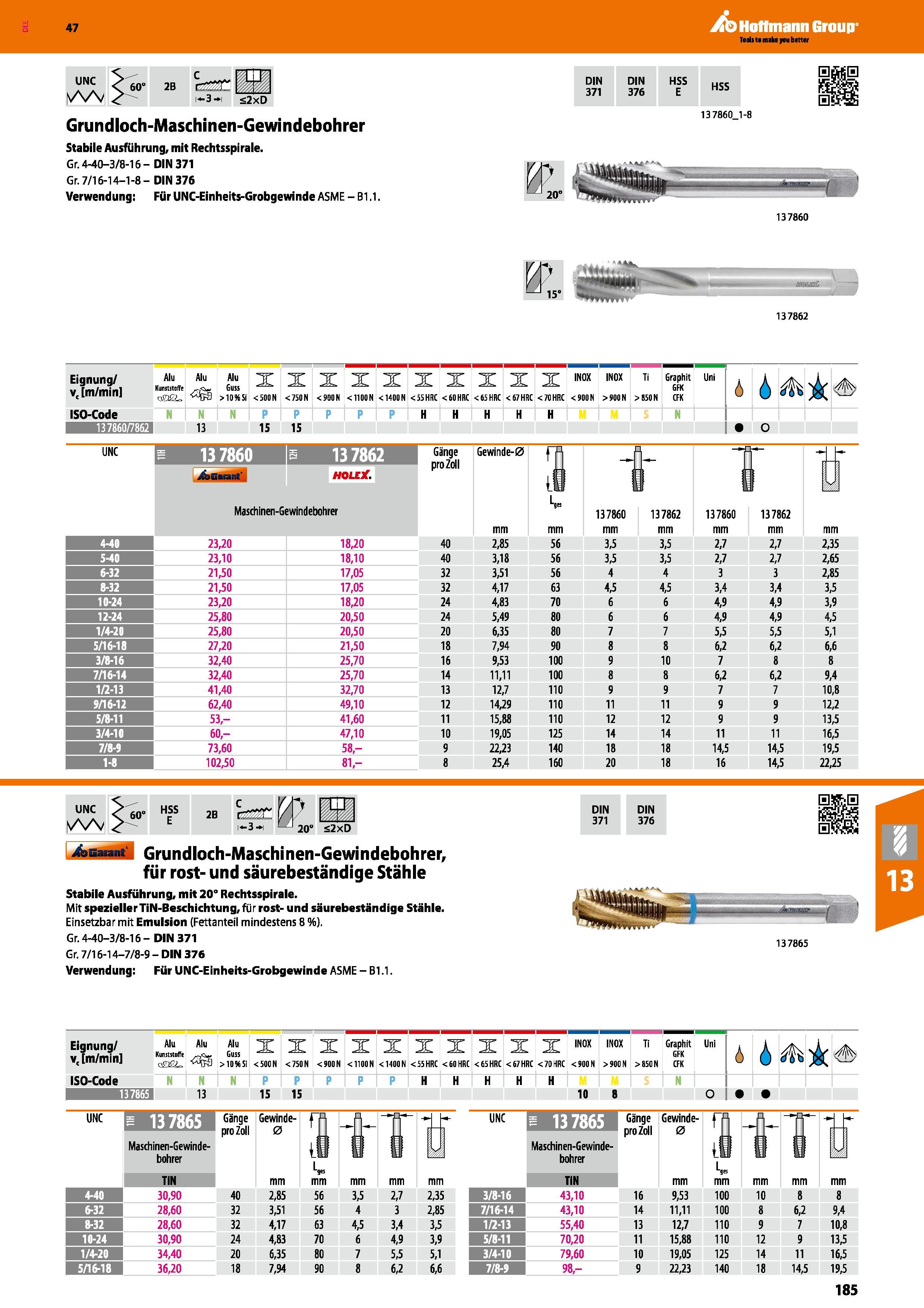 185 Grundloch-Maschinen-Gewindebohrer Stabile Ausführung, mit Rechtsspirale Gr 4-40-3/8-16- DIN 371 Gr 7/16-14-1-8- DIN 376 Verwendung; Für UNC-Einhe Каталог HOFFMANN GROUP 2016 Режущий инструмент и инструментальная оснастка для металлообрабатывающего промышленного оборудования 47 версия издания Стр. 185 DEU