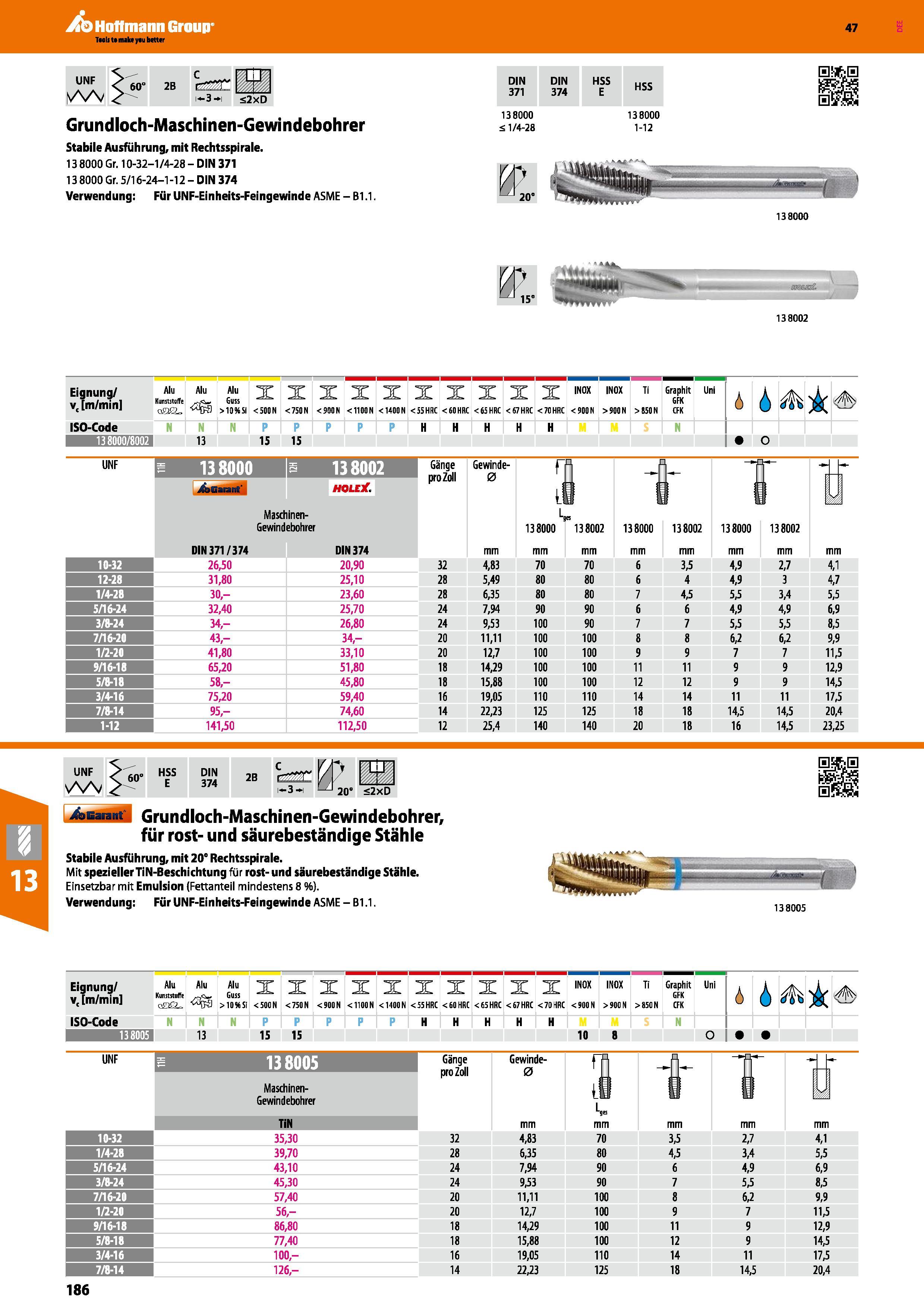 186 Grundloch-Maschinen-Gewindebohrer Stabile Ausführung, mit Rechtsspirale 13 8000 Gr 10-32-1/4-28-DIN 371 13 8000 Gr 5/16-24-1 -12 DIN 374 Verwendu Каталог HOFFMANN GROUP 2016 Режущий инструмент и инструментальная оснастка для металлообрабатывающего промышленного оборудования 47 версия издания Стр. 186 DEU