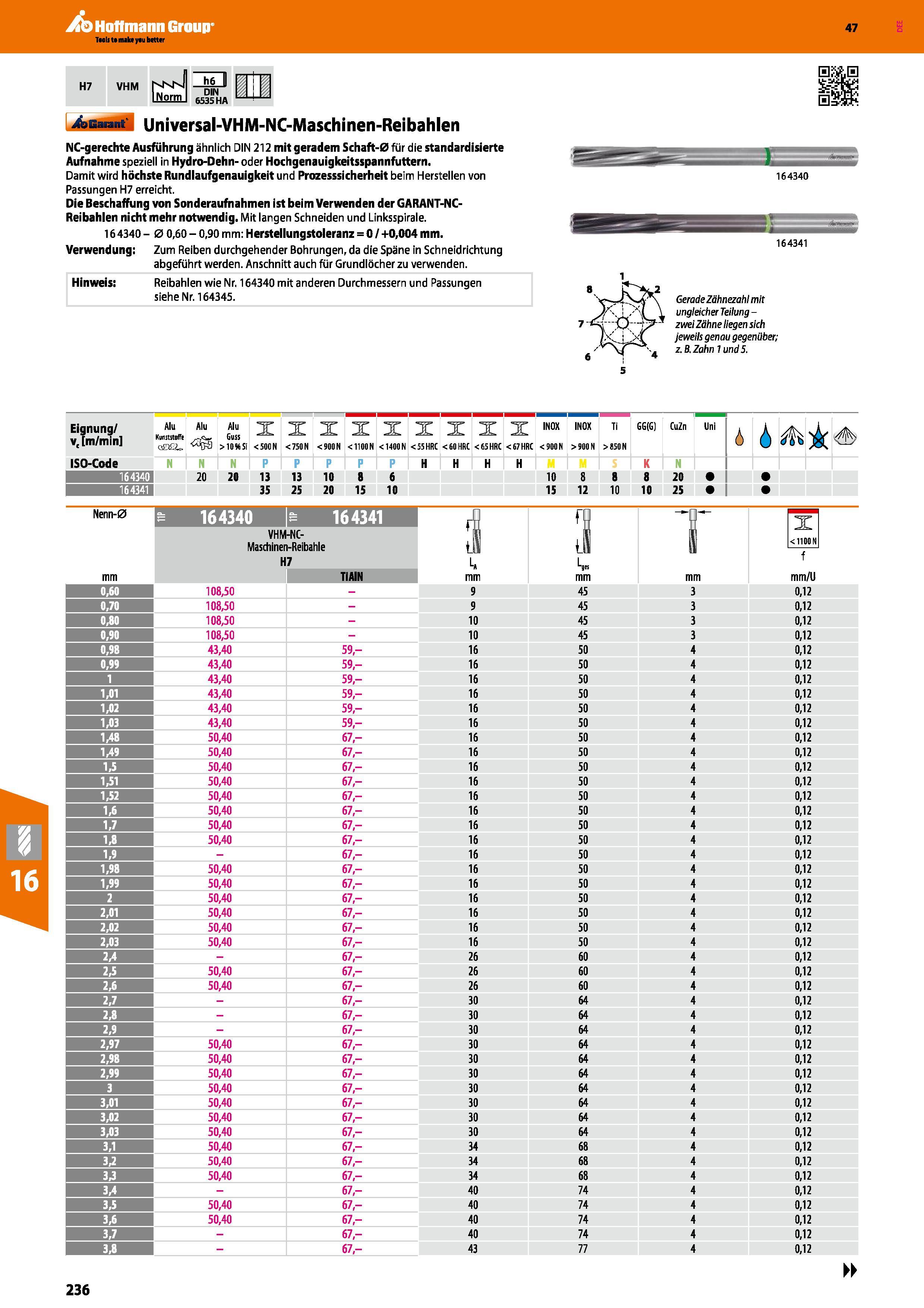 236 Universal-VHM-NC-Maschinen-Reibahlen NC-gerechte Ausführung ähnlich DIN 212 mit geradem Schaft-0 für die standardisierte Aufnahme speziell in Hyd Каталог HOFFMANN GROUP 2016 Режущий инструмент и инструментальная оснастка для металлообрабатывающего промышленного оборудования 47 версия издания Стр. 236 DEU