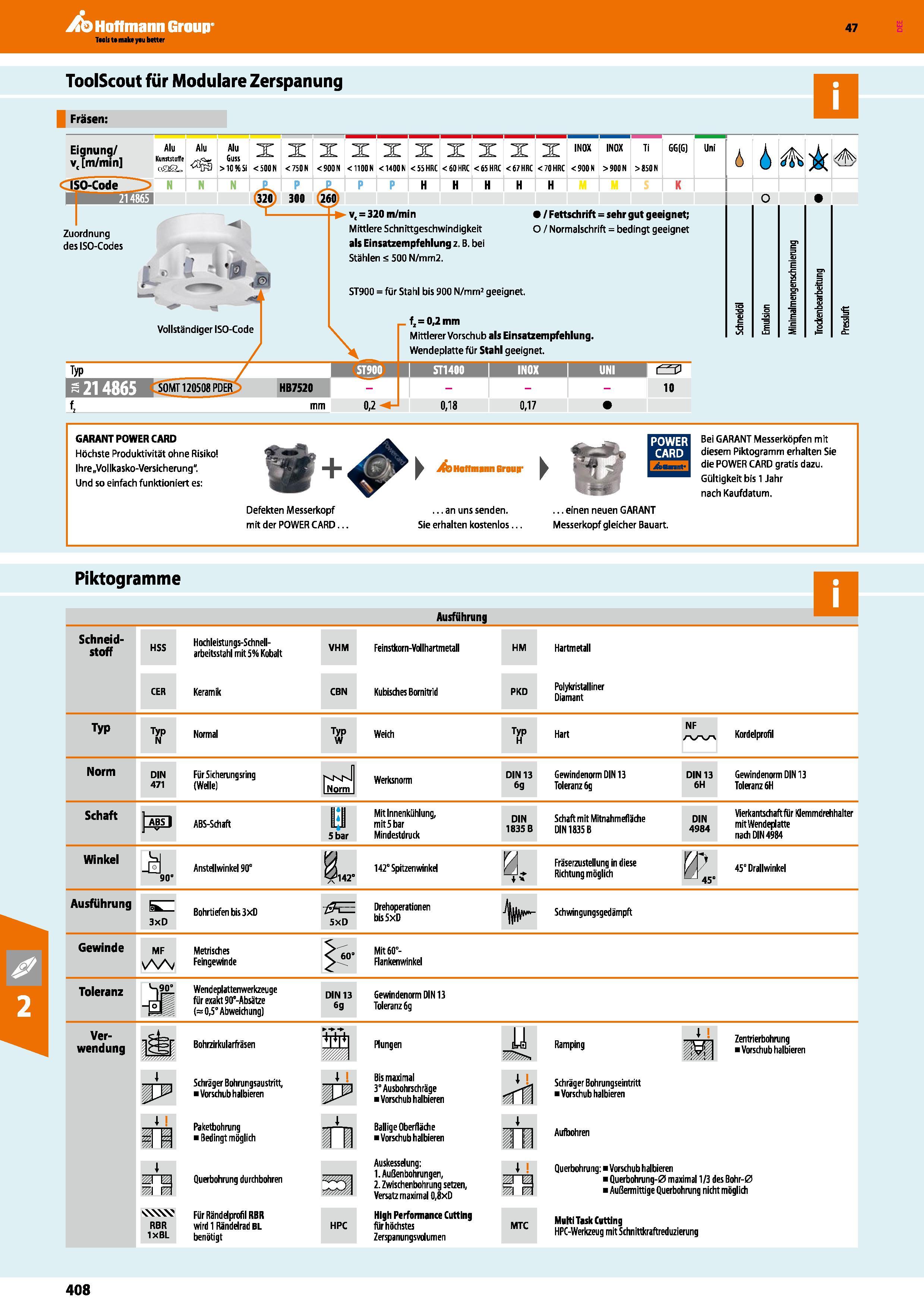 408 Hoffmann Group Katalog 47 ToolScout für Modulare Zerspanung Fräsen Eignung v( m/min Alu Kunststoffe Alu <5 Alu Guss >10KSi ISO-Code N X IN0X IN0X Каталог HOFFMANN GROUP 2016 Режущий инструмент и инструментальная оснастка для металлообрабатывающего промышленного оборудования 47 версия издания Стр. 408 DEU