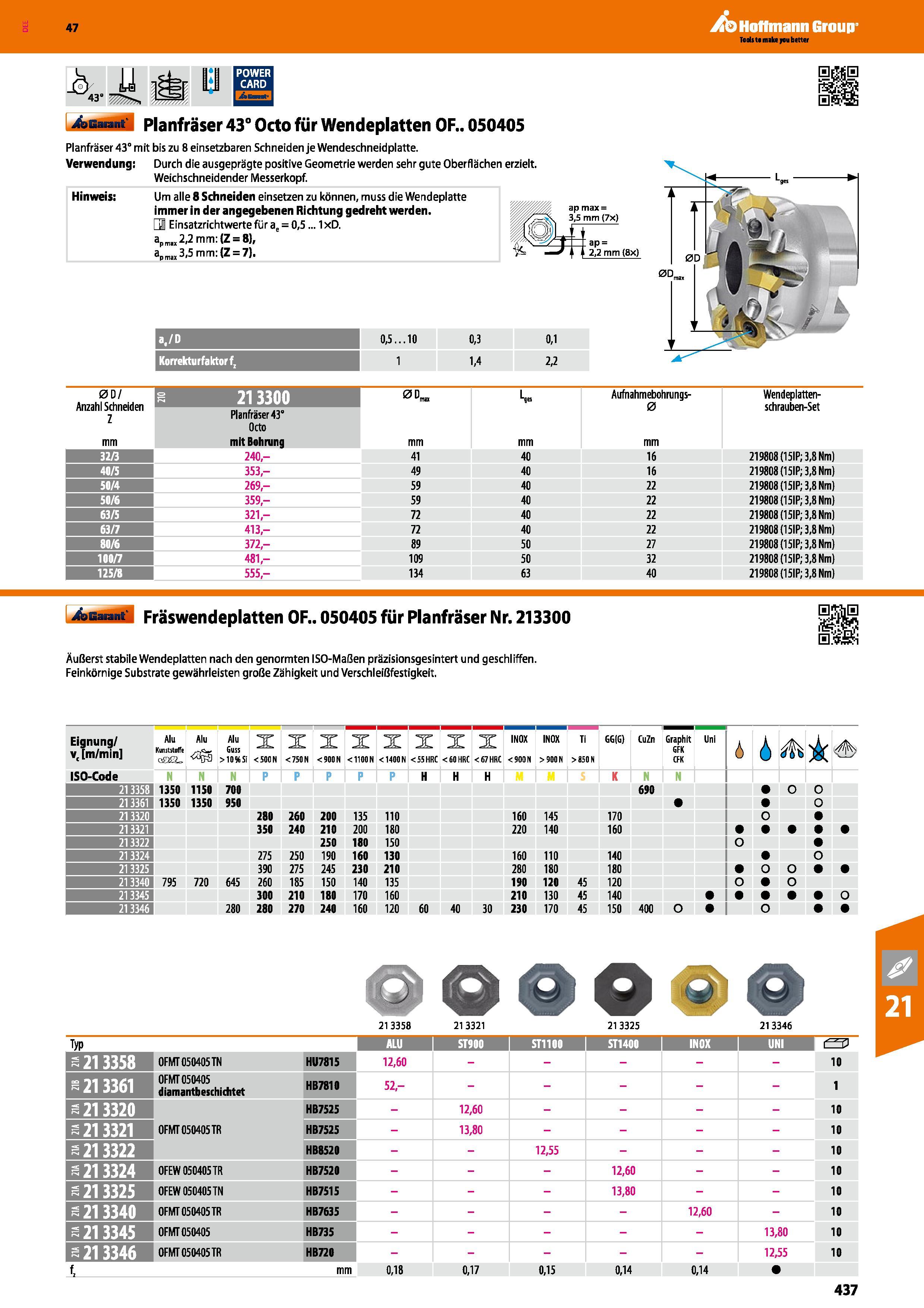 437 Garant Planfräser 43° Octo für Wendeplatten OF 050405 Planfräser 43° mit bis zu 8 ersetzbaren Schneiden je Wendeschneidplatte Verwendung; Durch d Каталог HOFFMANN GROUP 2016 Режущий инструмент и инструментальная оснастка для металлообрабатывающего промышленного оборудования 47 версия издания Стр. 437 DEU