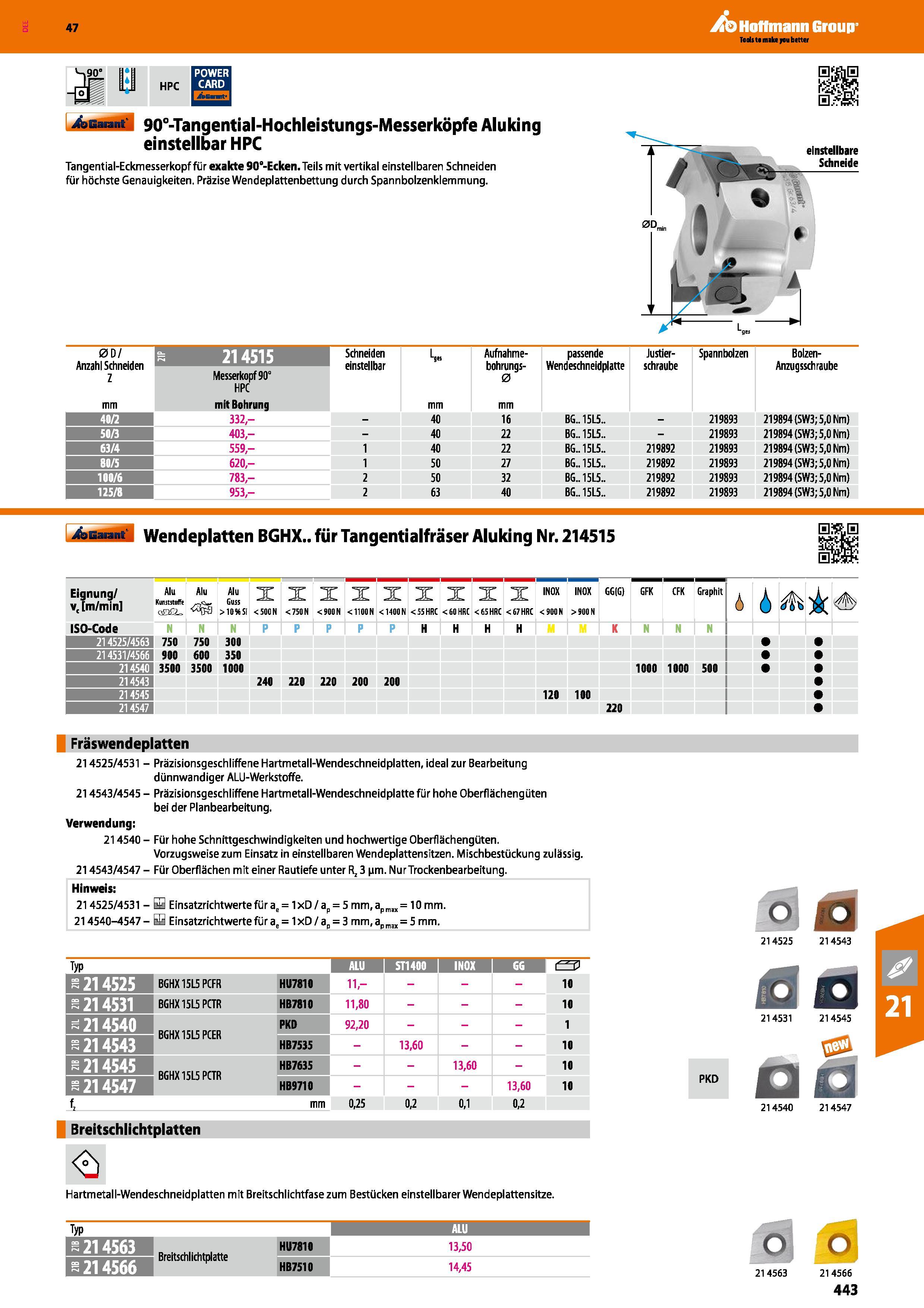 443 90°-Tangential-Hochleistungs-Messerköpfe Aluking einstellbar HPC Tangential-Eckmesserkopf für exakte 90 -Eeken Teils mit vertikal einstellbaren S Каталог HOFFMANN GROUP 2016 Режущий инструмент и инструментальная оснастка для металлообрабатывающего промышленного оборудования 47 версия издания Стр. 443 DEU