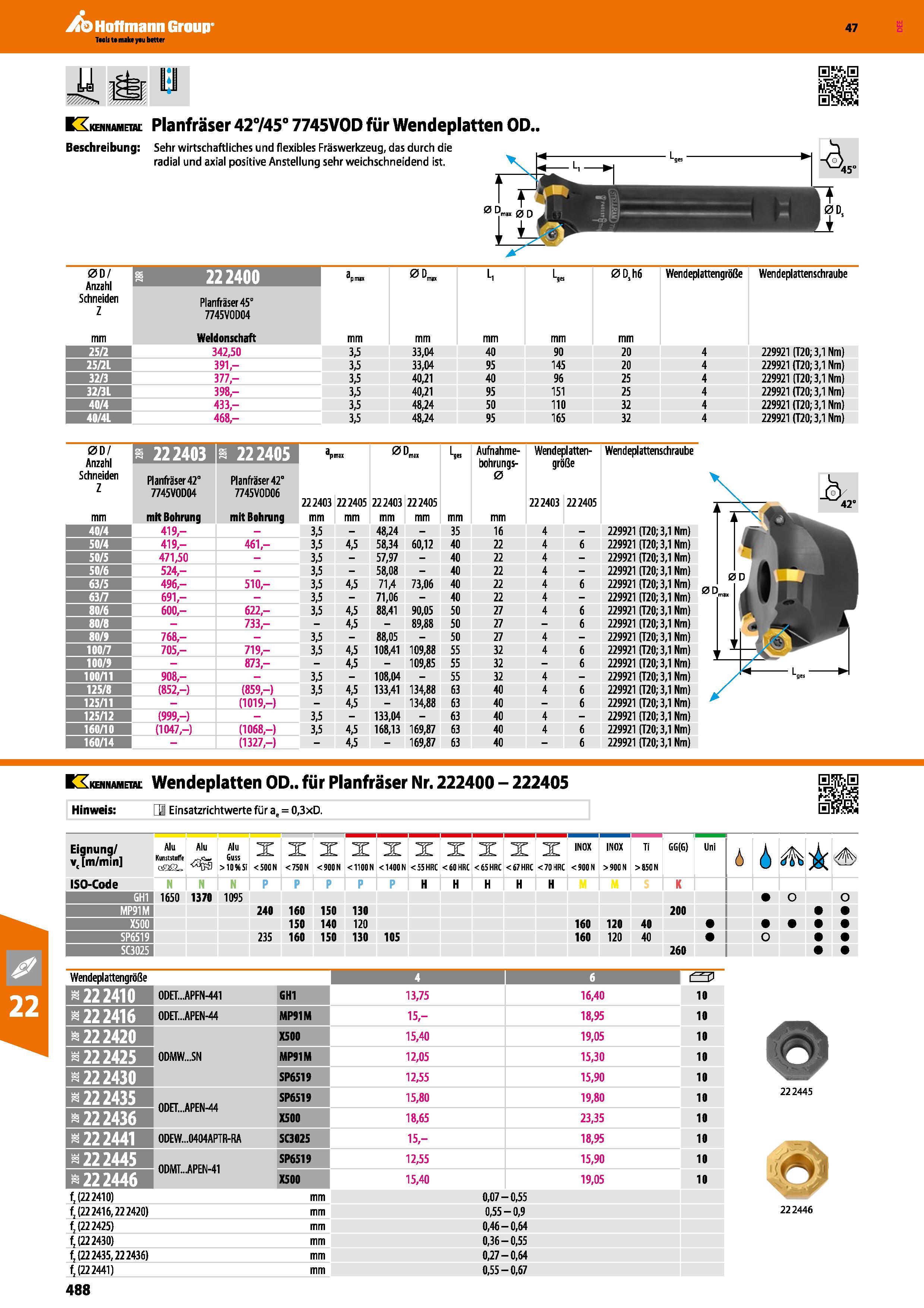 488 Planfräser 42745° 7745VOD für Wendeplatten OD , Beschreibung Sehr wirtschaftliches und flexibles Fräswerkzeug, das durch die radial und axial pos Каталог HOFFMANN GROUP 2016 Режущий инструмент и инструментальная оснастка для металлообрабатывающего промышленного оборудования 47 версия издания Стр. 488 DEU
