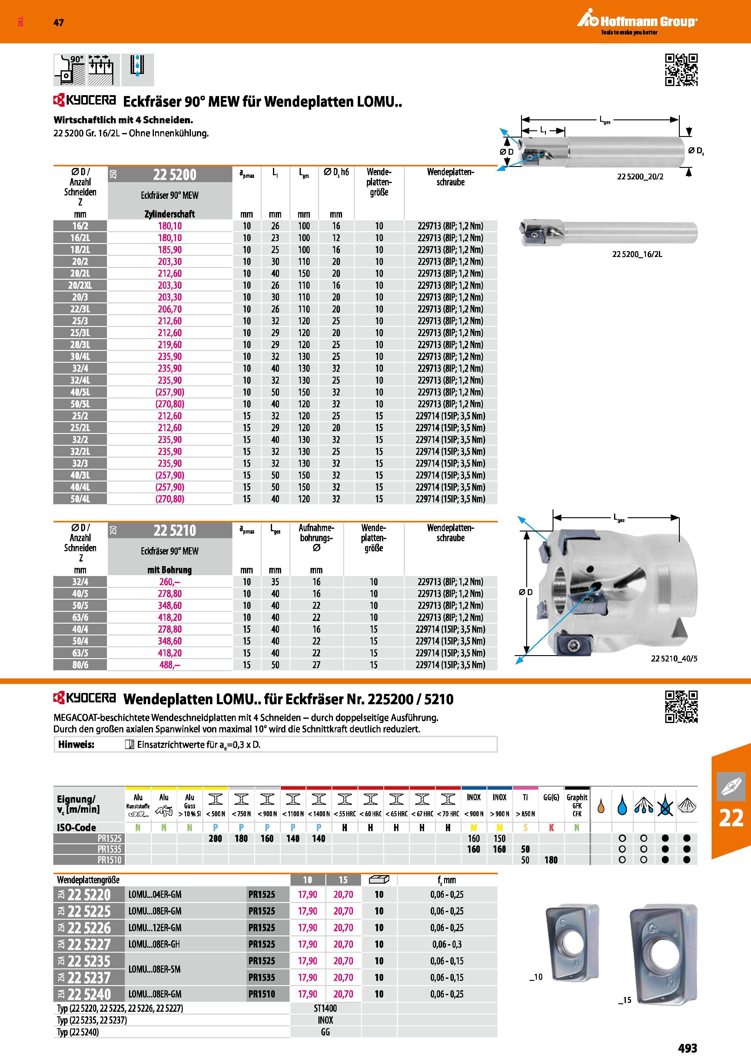 493 Eckfräser 90° MEW für Wendeplatten LOMU Wirtschaftlich mit 4 Schneiden 22 5200 Gr 16/2L Ohne Innenkühlung 00/ Anzahl Schneiden Z 225200 pinm L, L Каталог HOFFMANN GROUP 2016 Режущий инструмент и инструментальная оснастка для металлообрабатывающего промышленного оборудования 47 версия издания Стр. 493 DEU