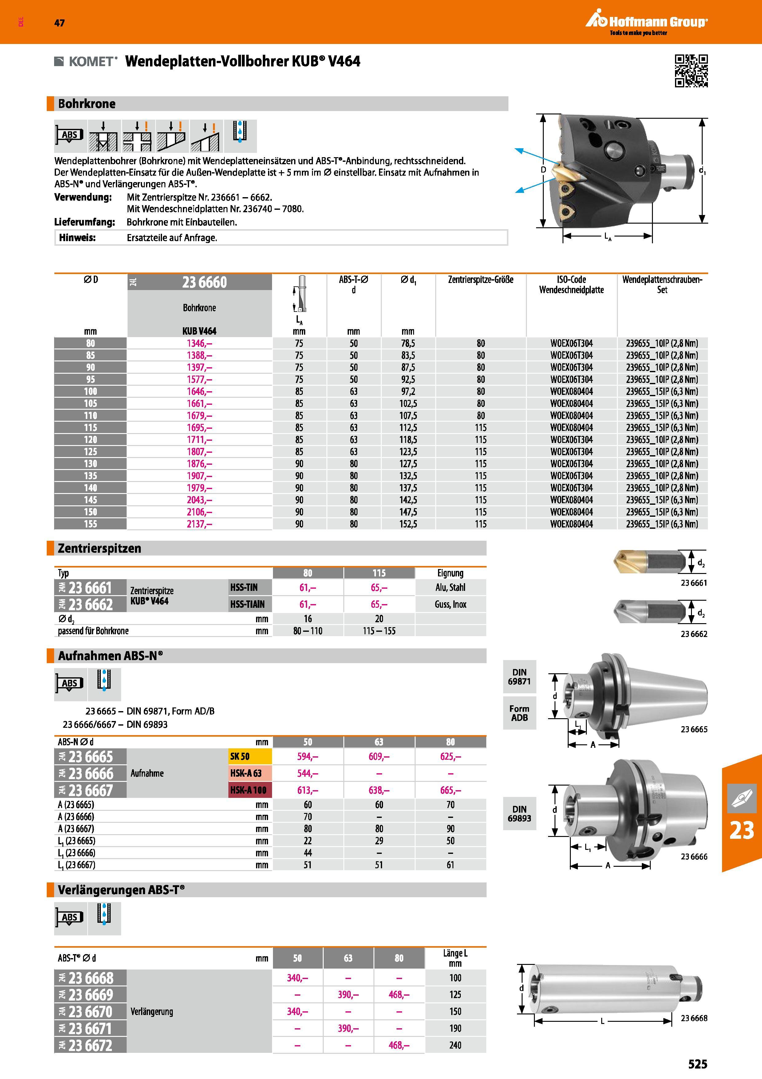 525 Wendeplatten-Vollbohrer KUB V464 Bohrkrone Wendeplattenbohrer (Bohrkrone) mit Wendeplatteneinsätzen und ABS-Ta-Anbindung, rechtsschneidend DerWen Каталог HOFFMANN GROUP 2016 Режущий инструмент и инструментальная оснастка для металлообрабатывающего промышленного оборудования 47 версия издания Стр. 525 DEU