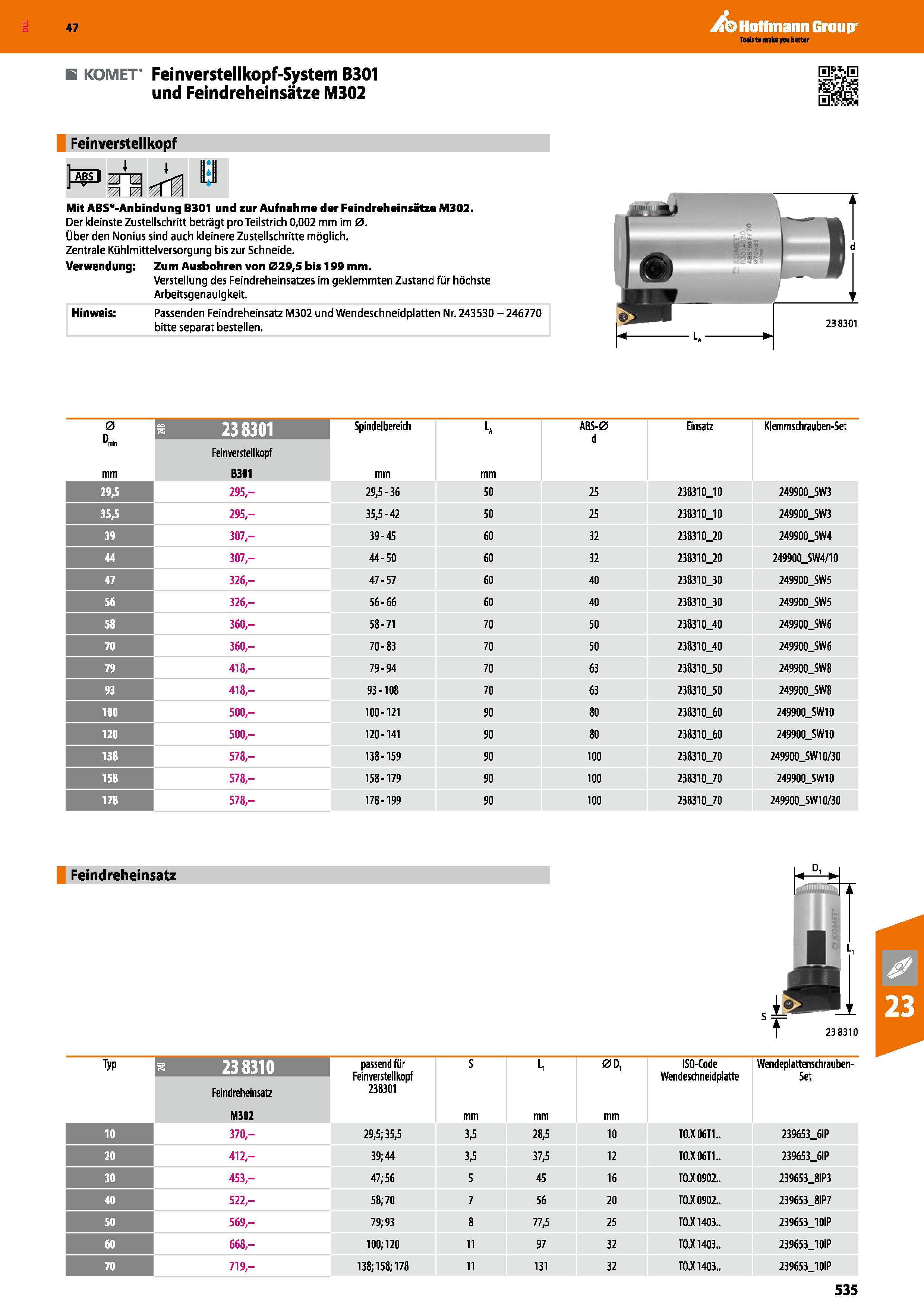 535 KOMET Feinverstellkopf-System B301 und Feindreheinsätze M302 Feinverstellkopf ä 0 =n Mit ABSS-Anbindung B301 und zur Aufnahme der Feindreheinsätz Каталог HOFFMANN GROUP 2016 Режущий инструмент и инструментальная оснастка для металлообрабатывающего промышленного оборудования 47 версия издания Стр. 535 DEU