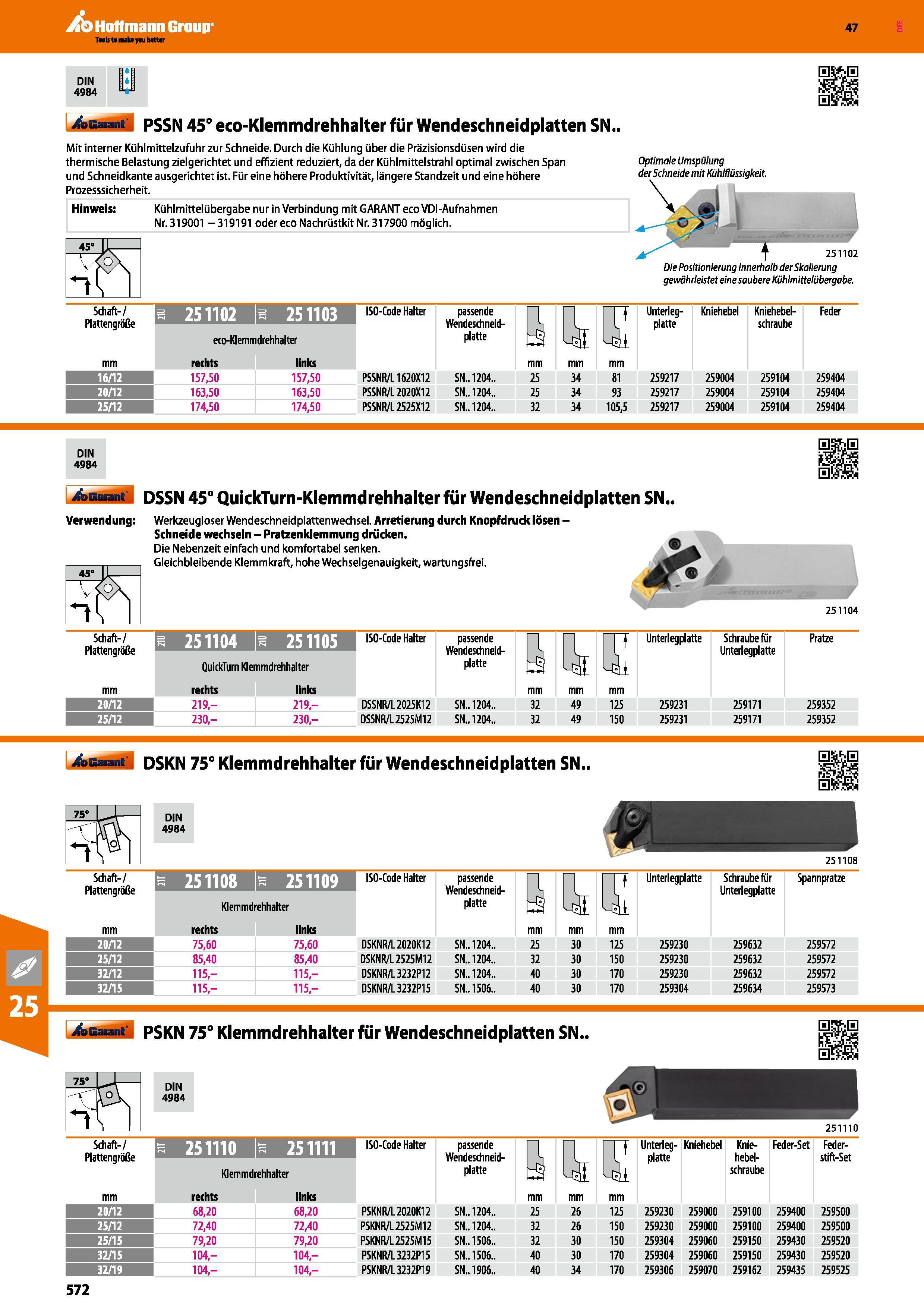 572 Klemmdrehhalter Garant PSSN 45° für Wendeschneidplatten SN Mit interner Kühlmittelzufuhr zur Schneide Durch die Kühlung über die Präzisionsdüsen Каталог HOFFMANN GROUP 2016 Режущий инструмент и инструментальная оснастка для металлообрабатывающего промышленного оборудования 47 версия издания Стр. 572 DEU