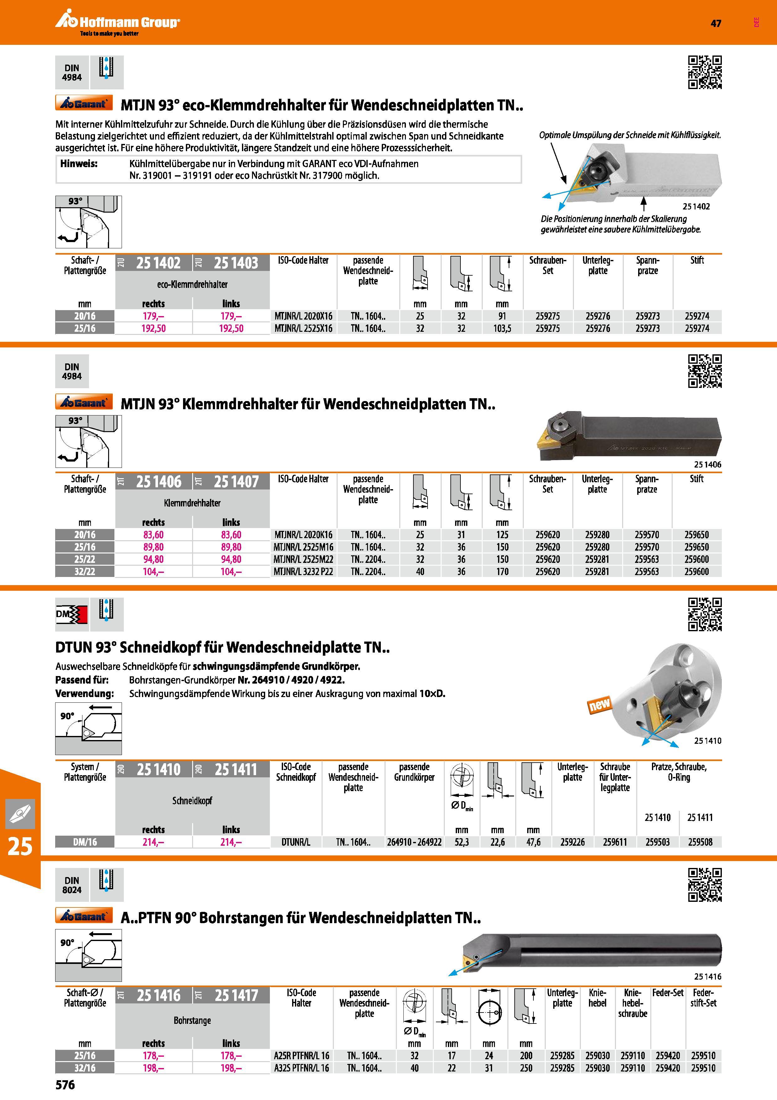 576 MTJN 93° eco-Klemmdrehhalter für Wendeschneidplatten TN Mit interner Kühlmittelzufuhr zur Schneide Durch die Kühlung über die Präzisionsdüsen wir Каталог HOFFMANN GROUP 2016 Режущий инструмент и инструментальная оснастка для металлообрабатывающего промышленного оборудования 47 версия издания Стр. 576 DEU