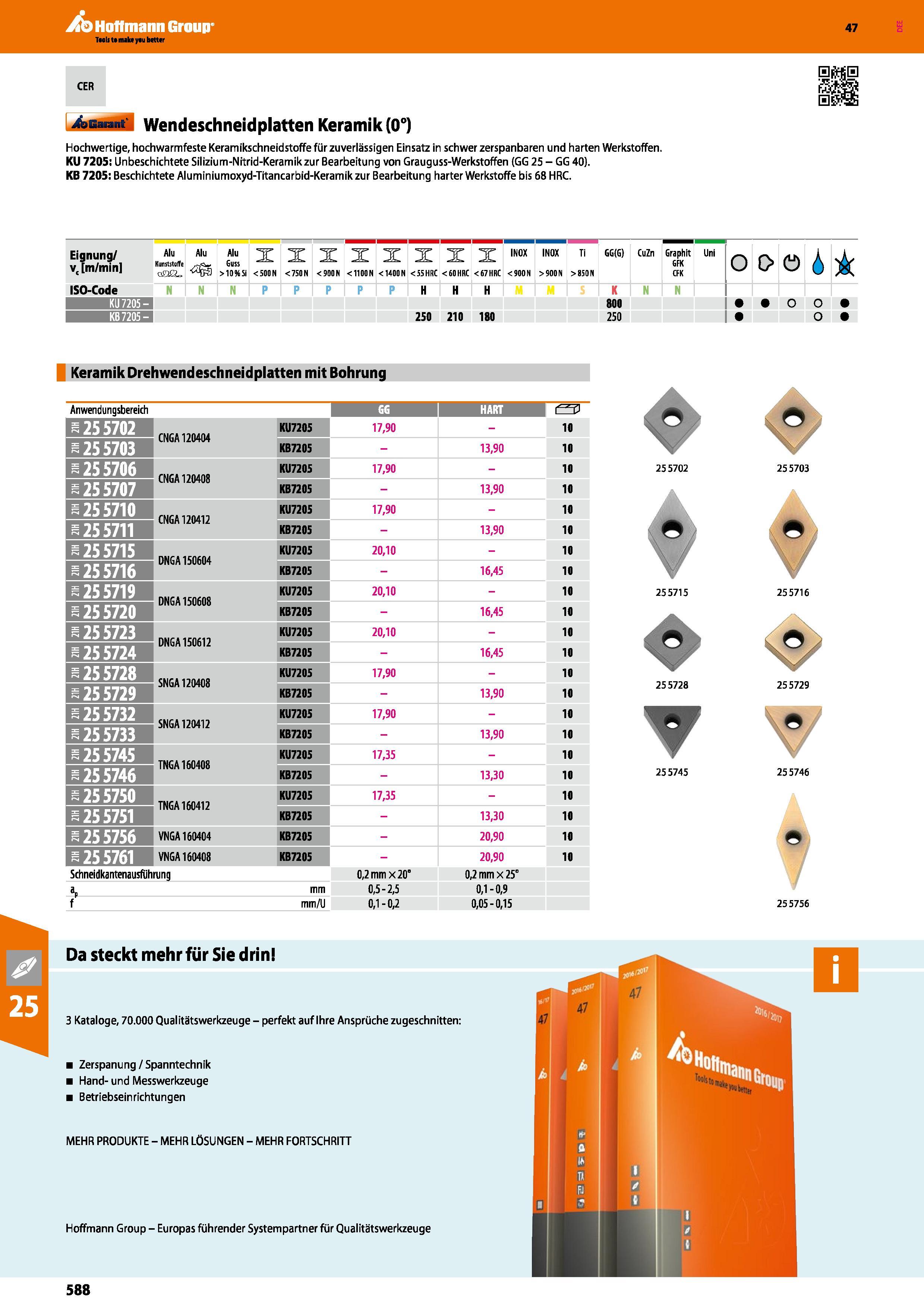588 Wendeschneidplatten Keramik (0°) Hochwertige, hochwarmfeste Keramikschneidstoffe für zuverlässigen Einsatz in schwer zerspanbaren und harten Werk Каталог HOFFMANN GROUP 2016 Режущий инструмент и инструментальная оснастка для металлообрабатывающего промышленного оборудования 47 версия издания Стр. 588 DEU