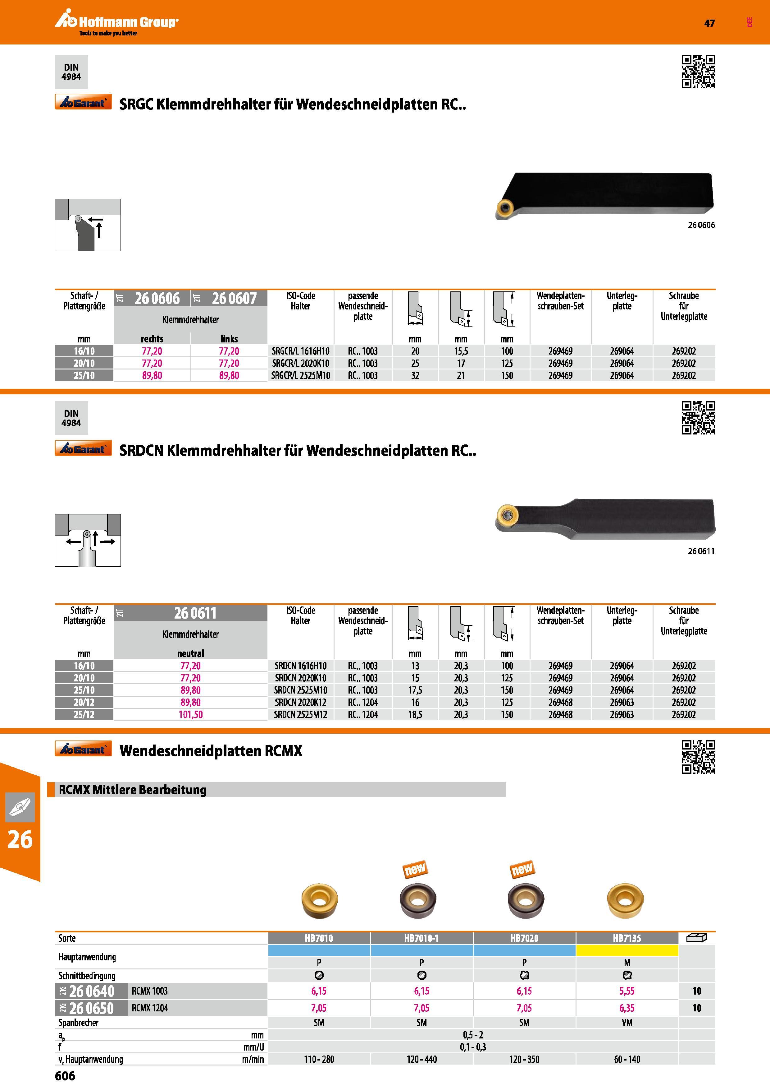 606 Garant SRGC Klemmdrehhalter für Wendeschneidplatten RC fi 260606 Schaft-/ Plattengröße 260606 260607 1 Klemmdrehhalter mm rechts links 16/1 77,20 Каталог HOFFMANN GROUP 2016 Режущий инструмент и инструментальная оснастка для металлообрабатывающего промышленного оборудования 47 версия издания Стр. 606 DEU