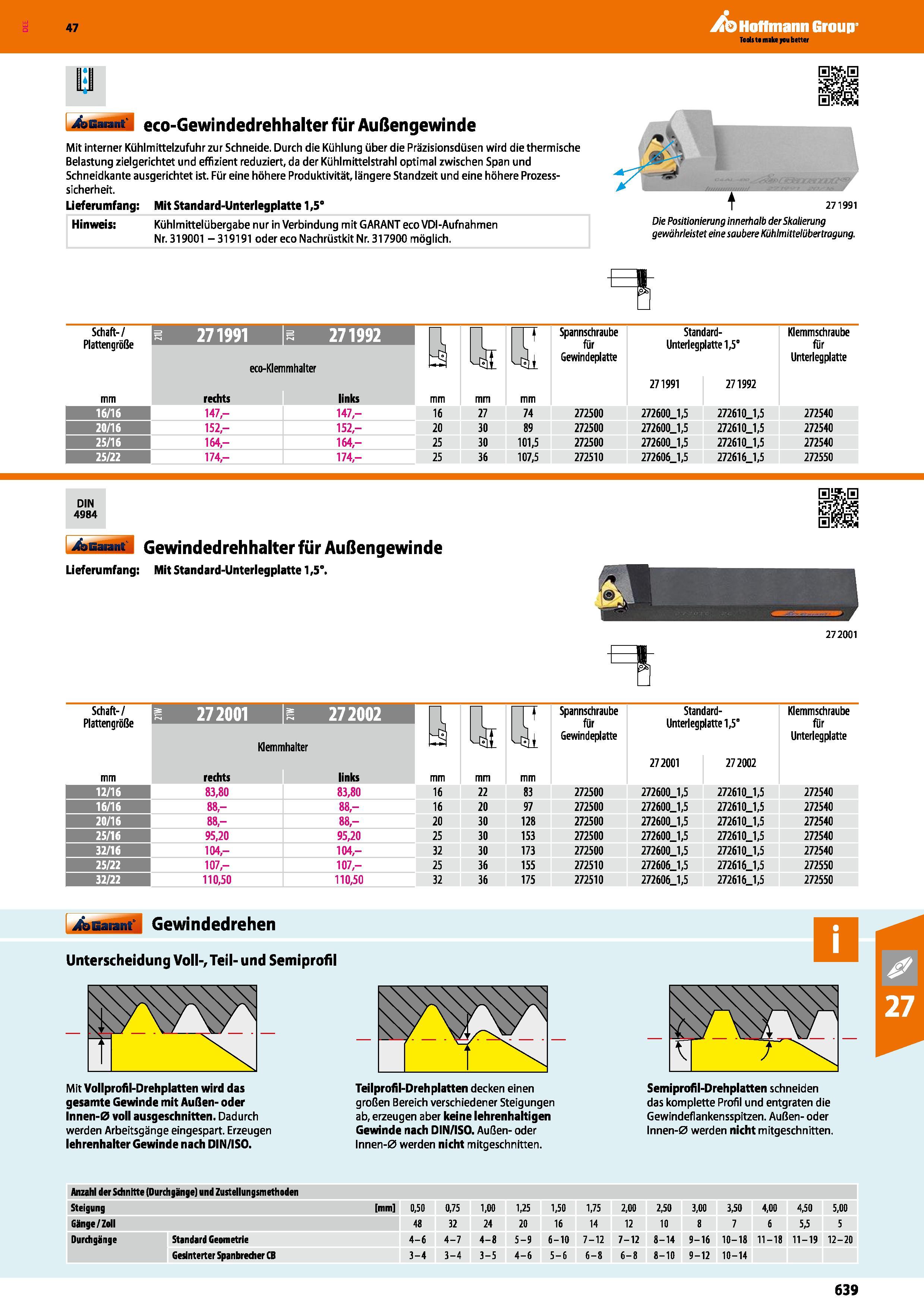 639 eco-Gewindedrehhalter für Außengewinde Mit interner Kühlmittelzufuhr zur Schneide Durch die Kühlung über die Präzisionsdüsen wird die thermische Каталог HOFFMANN GROUP 2016 Режущий инструмент и инструментальная оснастка для металлообрабатывающего промышленного оборудования 47 версия издания Стр. 639 DEU