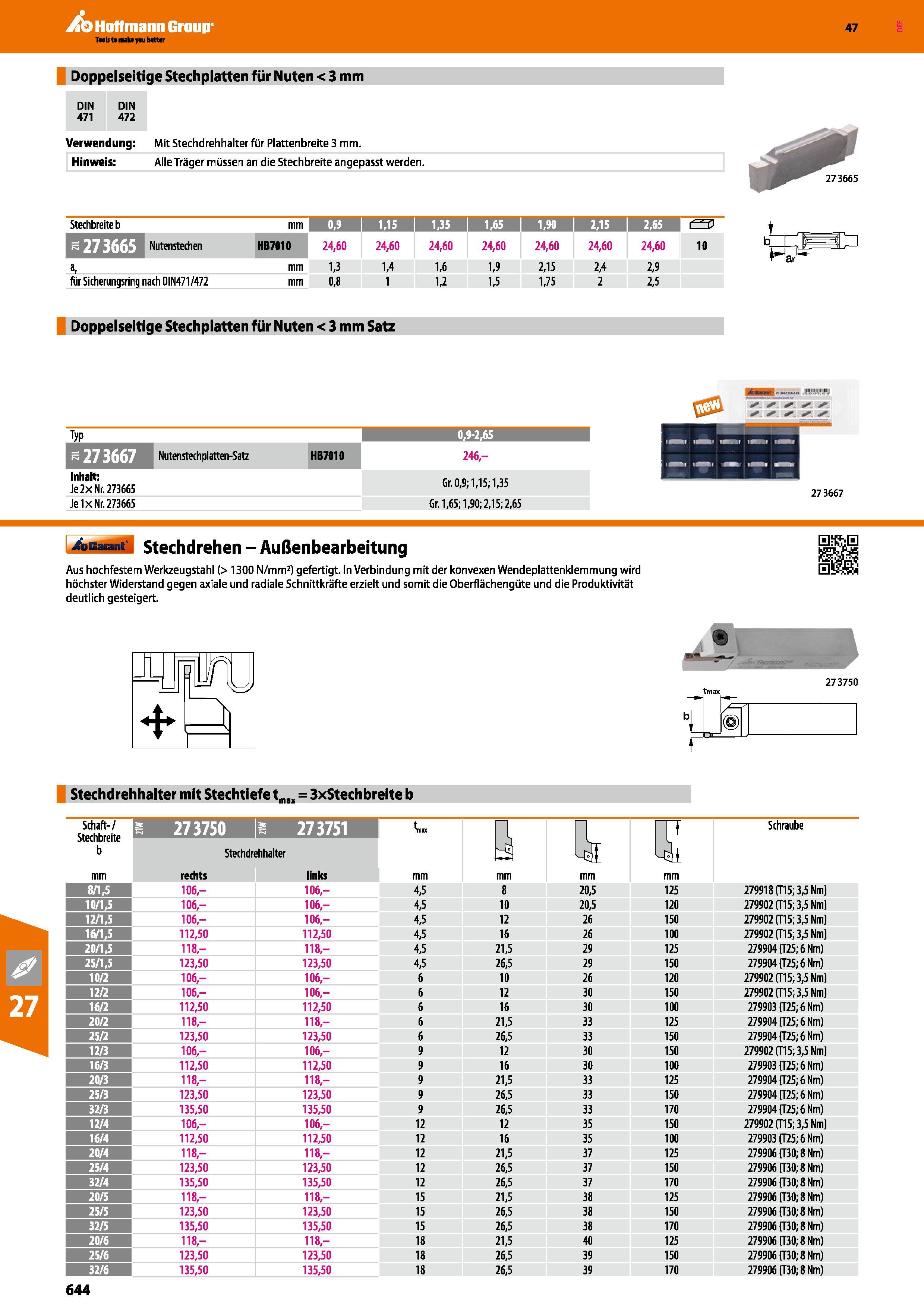 644 Verwendung Mit Stechdrehhalter für Plattenbreite 3 mm Hinweis Alle Träger müssen an die Stechbreite angepasst werden Stechbreite b mm 0,9 1,15 i Каталог HOFFMANN GROUP 2016 Режущий инструмент и инструментальная оснастка для металлообрабатывающего промышленного оборудования 47 версия издания Стр. 644 DEU