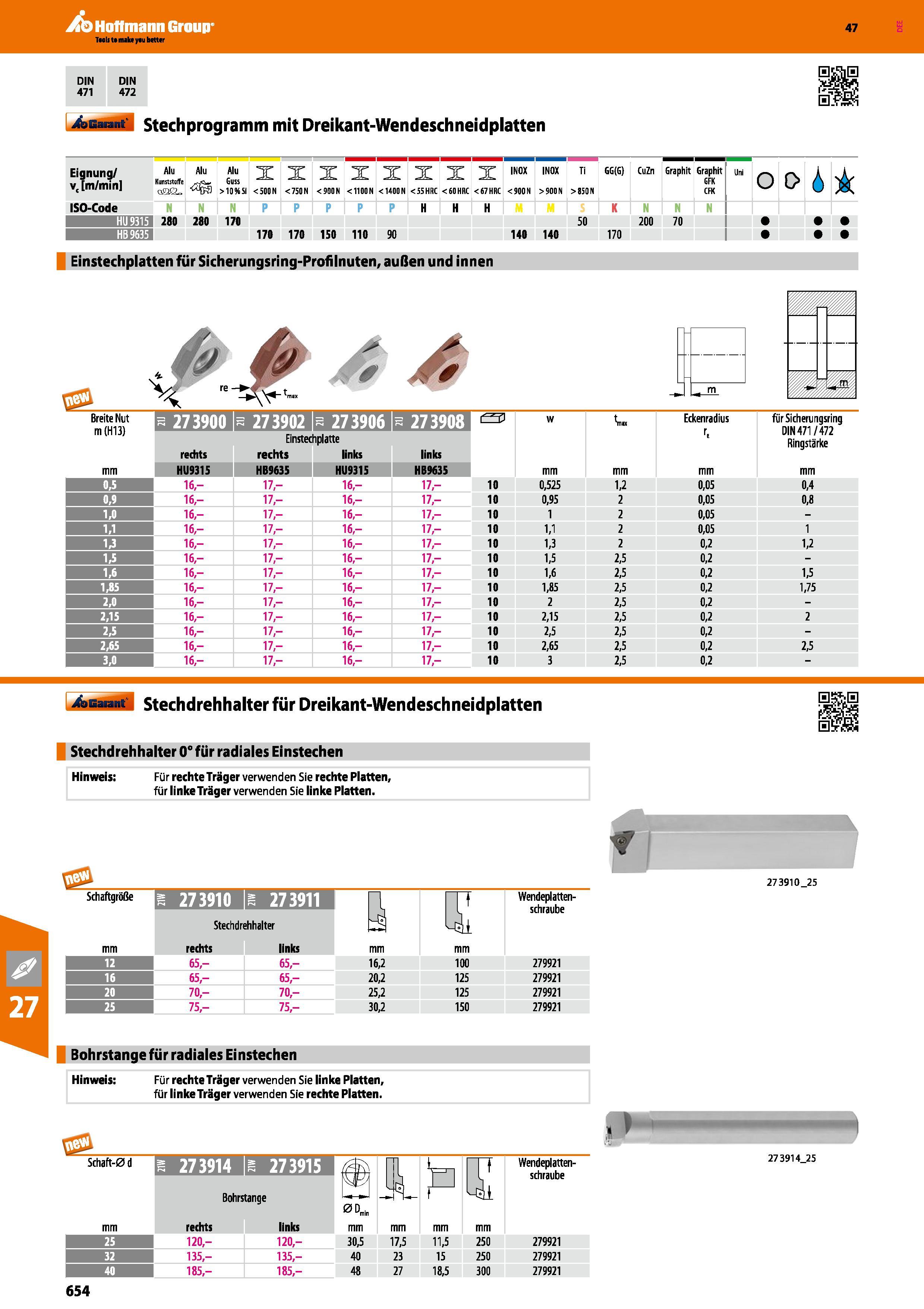 654 Stechprogramm mit Dreikant-Wendeschneidplatten Eignung v( m/min Alu Kunststoffe Alu Guss “WS >109451 X < 500 N X < 750 N X < 900 N < 1100 N X < 1 Каталог HOFFMANN GROUP 2016 Режущий инструмент и инструментальная оснастка для металлообрабатывающего промышленного оборудования 47 версия издания Стр. 654 DEU